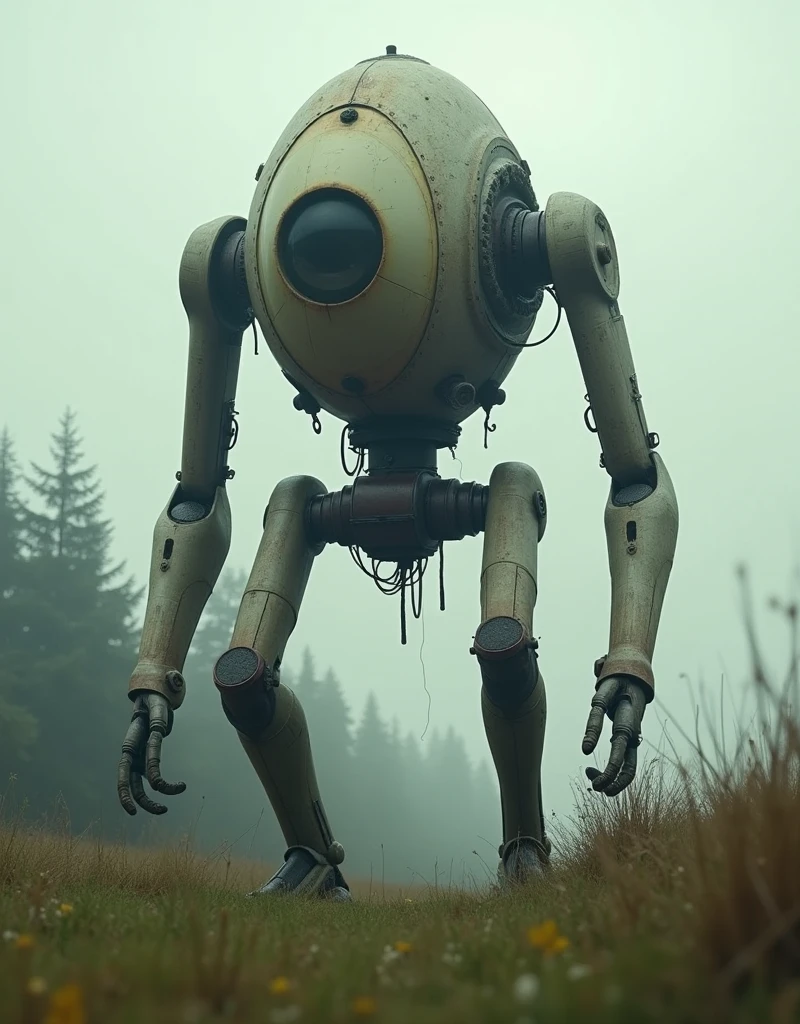 Photo real, the robot made and desigined by ancient extinct civilazation , huge head, one single eye on the head,long arms reach to floor, tiny legs, from front, full body shot, background is rural europe undergrowth grass, cinematic light, shallow DOF,