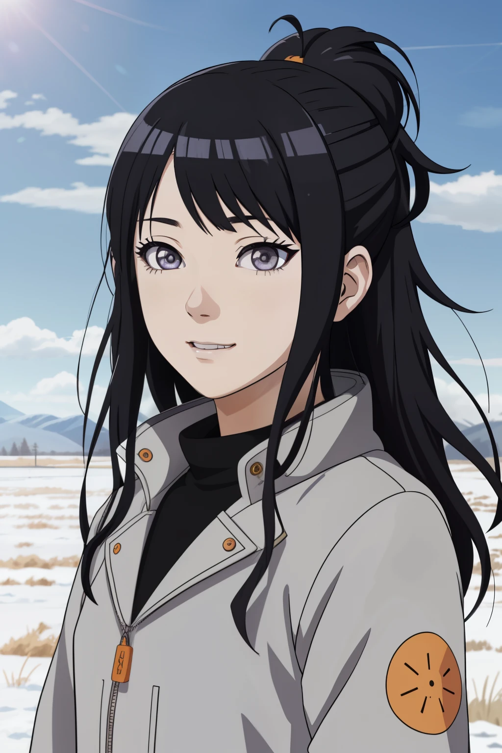 an hiperealistic shot of hinata(shippuden), ((hiori kazano)), idolmaster, Detailed eyes,  long hair, ponytail, half updo, hair ornament,, (sweet woman), manwha style, in a snowy field, happy, smilling, upbody, (best quality,Super precise depiction), psychedelic background, candy color lights
