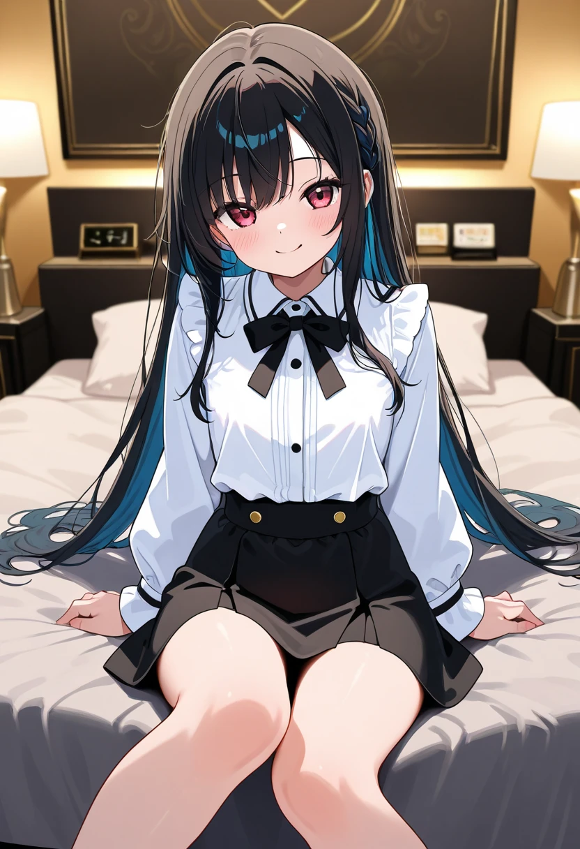 anime girl sitting on a bed with a smartphone in her hand, anime moe artstyle, seductive anime girl, nightcore, pretty anime girl, small breasts, school girl, pretty dress, long black hair, blue eyes, white panties, ultrasharp, masterpiece, high res, 8k