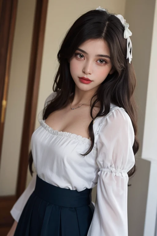 1young girl, dutch girl, satisfied seductive sensually look, very beautiful, very clean, beautiful face, beautiful eyes, smiling, ((Off-shoulder with very loose chest blouse:1.2)), beautiful large breasts, Bare Shoulders, no bra, short micro miniskirt, upper body knees up, (best quality:1.4), 8k resolution, ultra high res, (photorealistic, high resolution:1.4), Raw photo, (realistic, photo-realistic:1.37), professional photography, cinematic light, (fine face: 1.2),