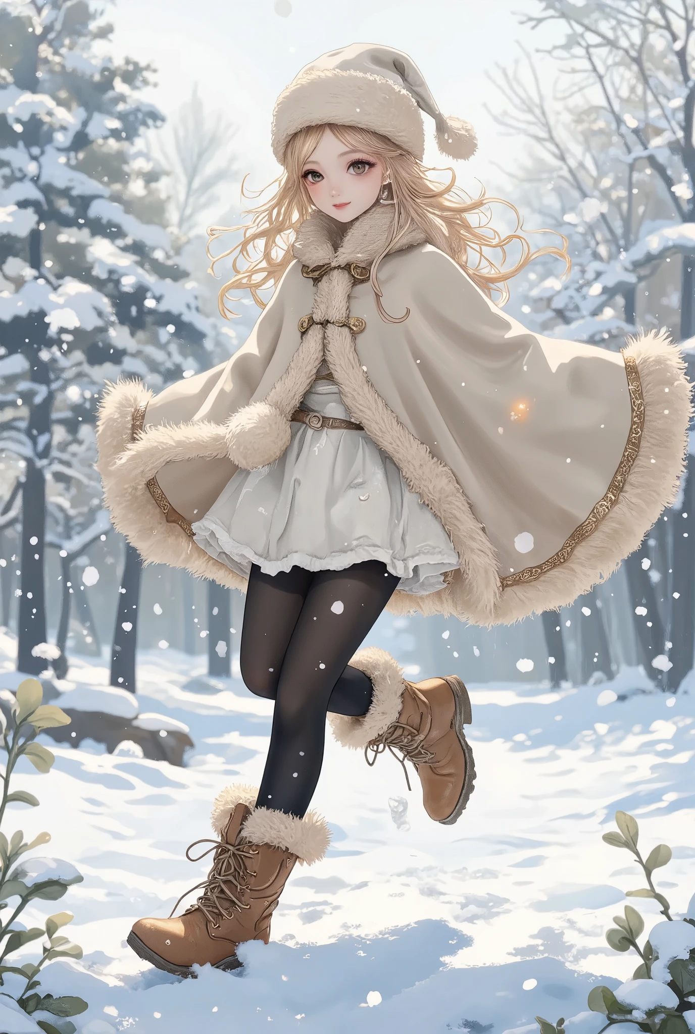 Young and beautiful girl: 1.3, (masterpiece: 1.3, highest quality: 1.3, detailed description: 1.3, correct shape of fingers, perfect finger shape, there are five fingers on the hand, anatomically correct, high quality: 1.3, high quality anime painting, 2D illustration), (1girl\Russian hat, warm-looking cape with fluffy fluff frills, black tights, brown boots with fluffy fluff frills), (beautiful blonde hair shining, cat-like almond-shaped eyes, very beautiful eyes, narrowing eyes, shiny long eyelashes, adorable cute expression, smiling with the corners of the mouth turned up, smiling with the mouth closed, spinning around on the spot with arms spread, Arms spread wide to the sides, spinning around on the spot with both legs together, beautiful and healthy legs), whole body, (2D flat illustration, snowy landscape, snow falling gently)