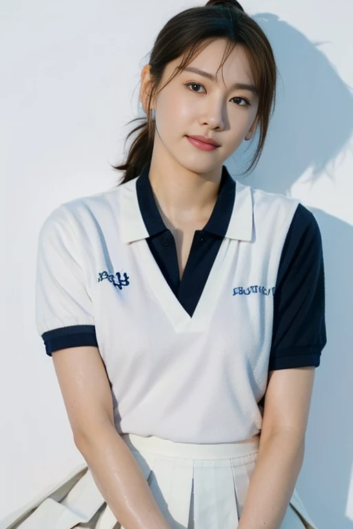 (Masterpiece, Best quality: 1.4), (Ultra realistic, Photo-realistic: 1.2), Full body, (kneeling: 1.3), Looking at viewer, Natural light, 28 years old actress, Japanese women, (arms behind back: 1.2), Neat and clean, ((Wearing white tennis uniform, White short-sleeve polo shirt with collar:1.2)), (unbutton:1.3), ((Wearing White tennis pleated skirt:1.2)), Wearing white sock, (ponytail: 1.2), Light brown hair color, (Beautiful Face), Oval face, clear, (Beautiful eyes, Kind eyes), (Clear skin), Small face, (Small mouth, Beautiful mouth), Natural makeup, Approachable, Hotel Suite room, On bed, (nsfw:1.1), Seductive smile, Seductive pose, Beautiful thighs, Touch pussy, Bedroom eyes, Spread legs,