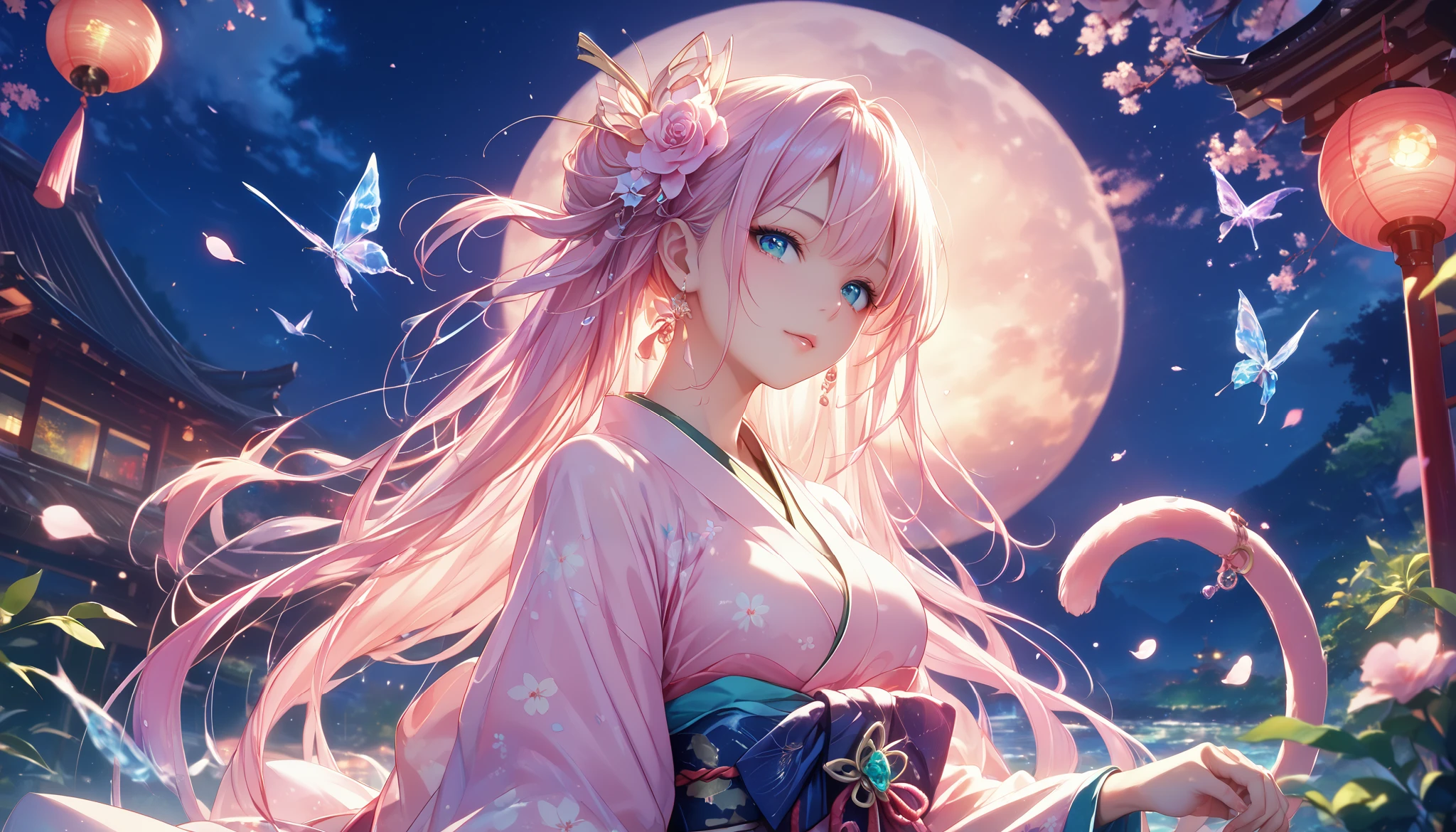 (super masterpiece、Best Quality、 High Resolution 、Ultra HD、Advanced Details、8k) anime,(A beautiful woman wearing a kimono with an autumnal climate looks at the night sky)、( anatomically correct),Hair length is around the waist,Her hair color is pink.,Black Cat,tail,decoration,Ideal Anatomy, Zoom in, dramatic lighting , atmosphere,Mood,