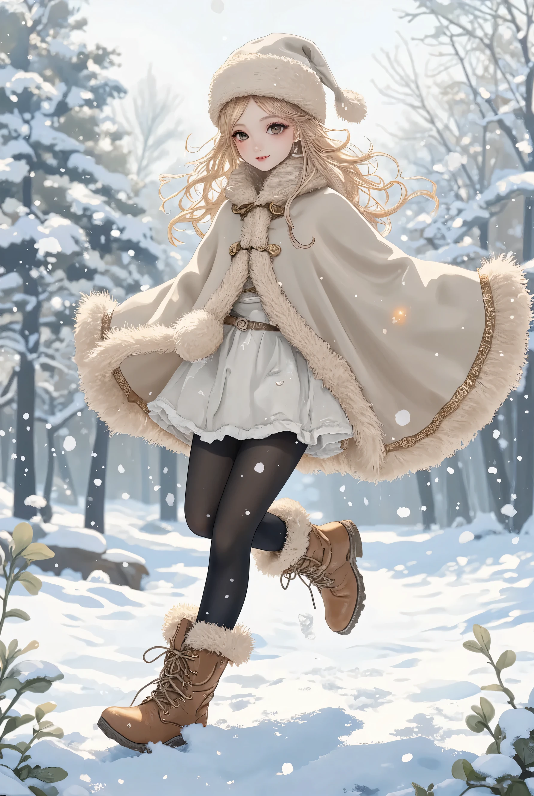 Young and beautiful girl: 1.3, (masterpiece: 1.3, highest quality: 1.3, detailed description: 1.3, correct shape of fingers, perfect finger shape, there are five fingers on the hand, anatomically correct, high quality: 1.3, high quality anime painting, 2D illustration), (1girl\Russian hat, warm-looking cape with fluffy fluff frills, black tights, brown boots with fluffy fluff frills), (beautiful blonde hair shining, cat-like almond-shaped eyes, very beautiful eyes, narrowing eyes, shiny long eyelashes, adorable cute expression, smiling with the corners of the mouth turned up, smiling with the mouth closed, spinning around on the spot with arms spread, Arms spread wide to the sides, spinning around on the spot with both legs together, beautiful and healthy legs), whole body, (2D flat illustration, snowy landscape, snow falling gently)