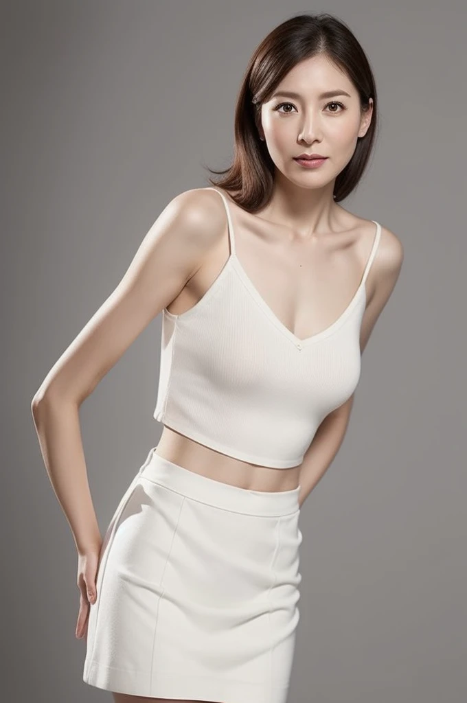 Very beautiful and angelic cute girl, beautiful and detailed eyes, dense double eyelids, (closed eyes kissing face: 1.3), long eyelashes, see-through bangs, (beautiful detailed face and eyes: 1.4), small nose , small mouth, beautiful short bob hair, happy smile showing teeth, camisole and miniskirt (highest quality: 1.2) above the knee, raw photo, high resolution, perfect details, professional shooting, beautiful woman in white underwear, beautiful legs ,illumination