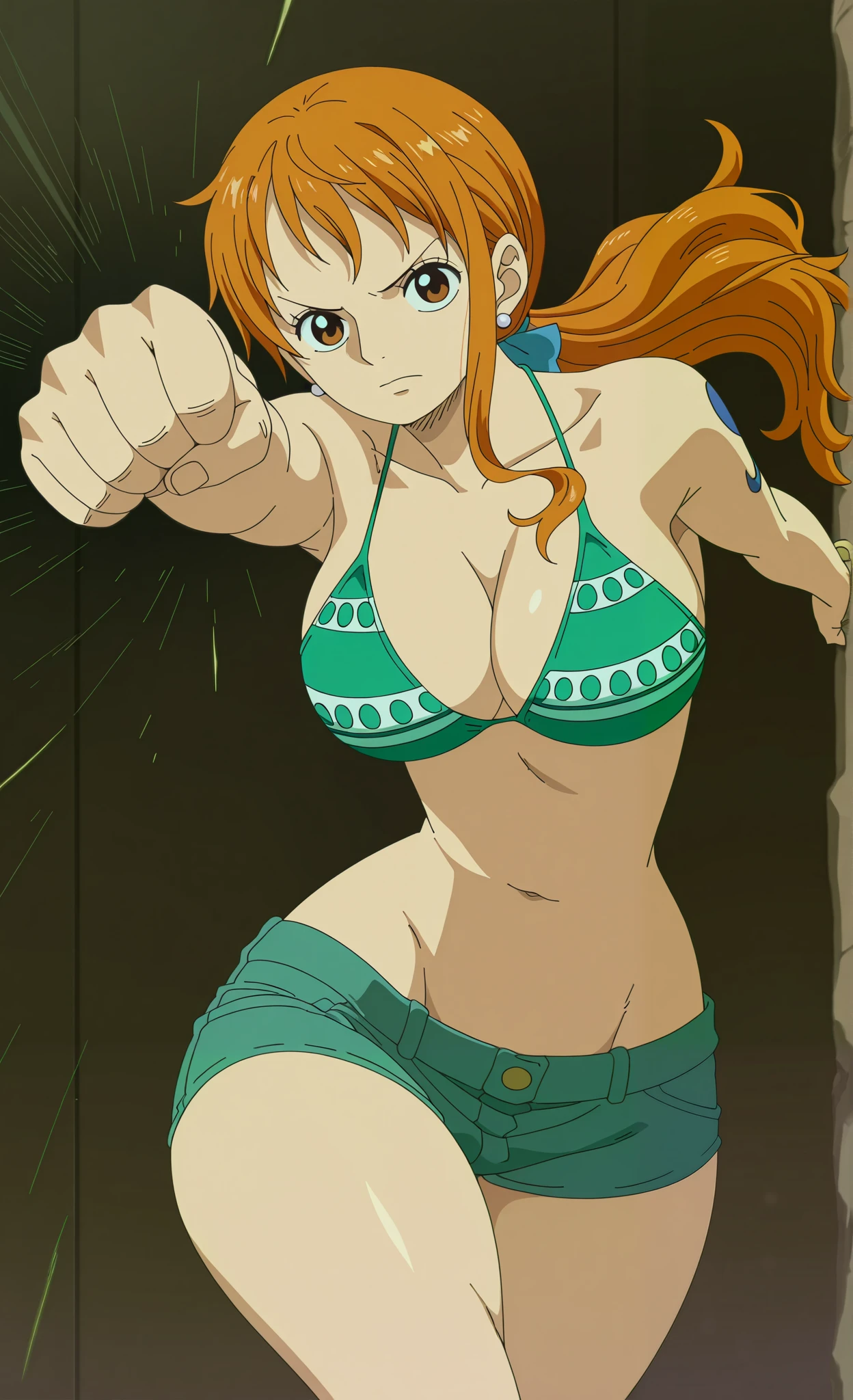 1girl,solo,mm,mature female,orange hair,brown eyes,earrings,large breasts,anime coloring,
long hair,masterpiece,best quality,amazing quality, wide hips, thick thighs, nami, from diagonal, bikini, jeans, sexy, looking at the viewer, breasts, navel, (biceps:0.5), ponytail, punching, (armpit:0.8)