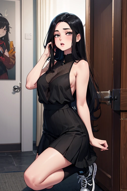 ((masterpiece, best_quality)), 1girl, (photorealistic:1.4), solo, white_background, black_hair, long_hair, zettai_ryouiki, skirt, ((full_body)),