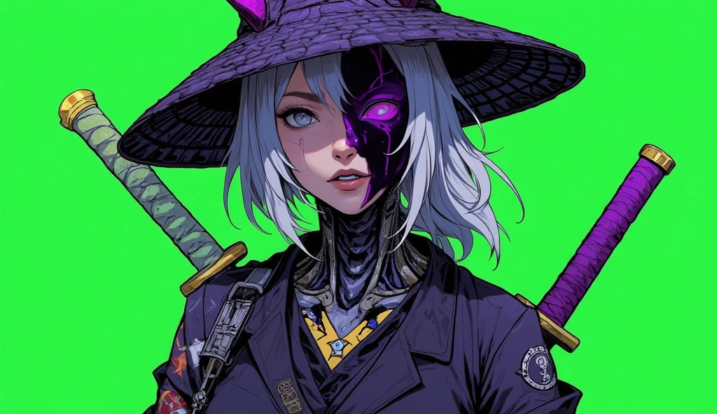Anime girl with purple hair wearing a black hat and a black mask, anime badass 8 K, anime style. 8k, art in the style of guweiz, 8k detailed art of high quality