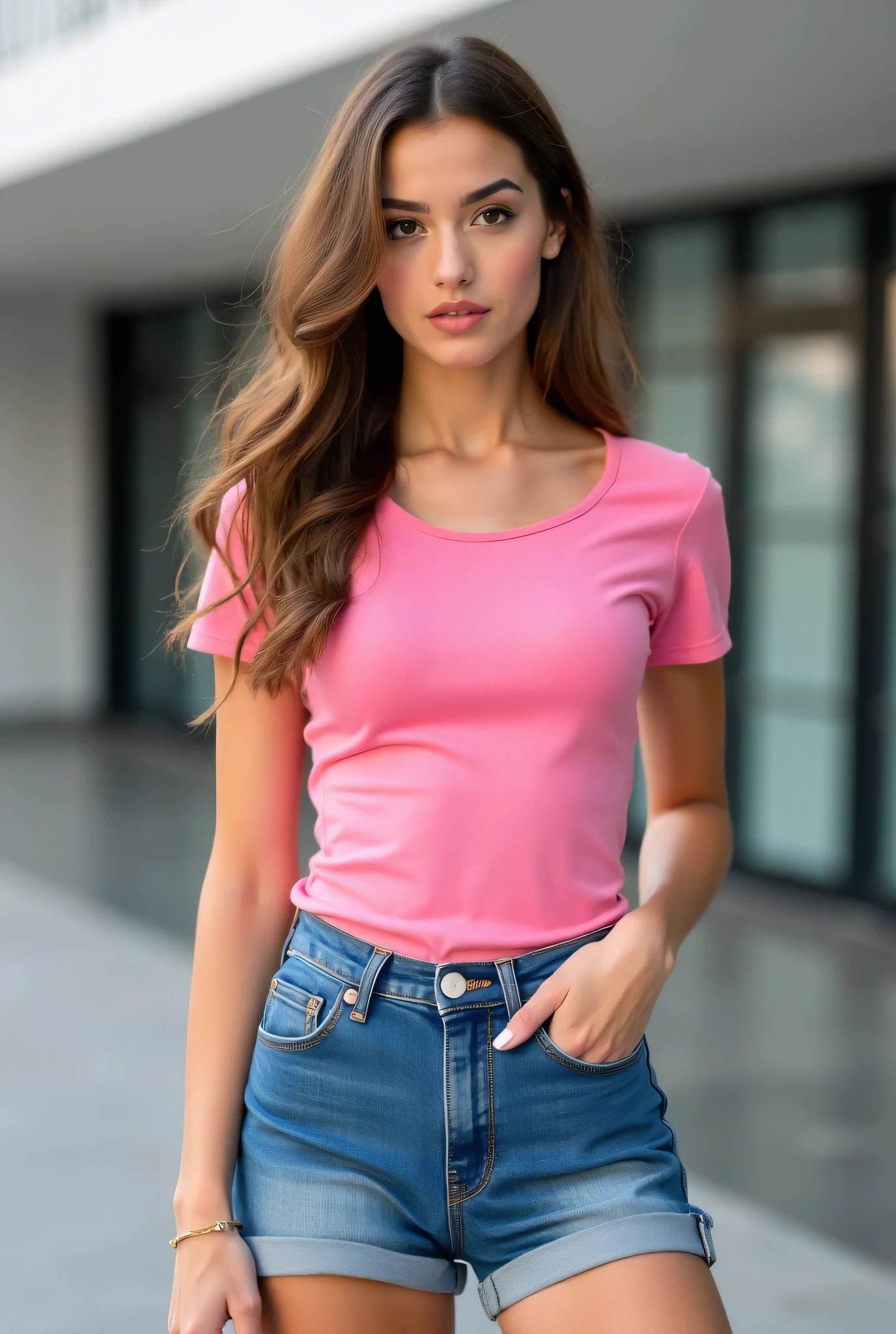 a woman in a pink blouse and denim shorts posing for a picture, pink blouse, tight shirt, pink clothes, red shirt, Waist slender, Waist slender, top cut, wearing tight shirt, top cut, wearing top cut, wearing simple, tight-fitting clothes, exposed belly, short and stout woman, with torn t-shirt, nude belly