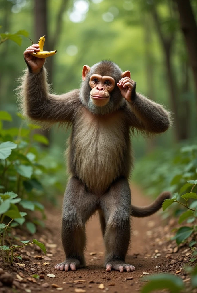 realistic photo of a dressed as a monkey waving an imaginary grapevine while walking, scratch your head for fun , and end with a naughty dance peeling a banana .