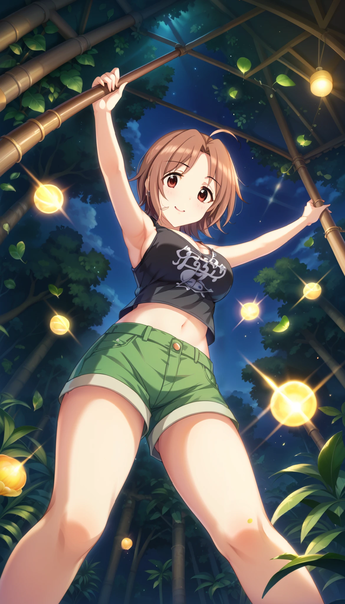 (((Saitou Youko )))、 Black Tank Top 、Green hot pants、(( thighs))、(( low angle))、 Jungle、Waterfront、night、 pose to raise both arms、((brown hair))、 short hair 、 Ulchan-6500-v1.1, ( RAW photos :1.2),  beautiful detailed,  very detailedな目 美しい目, beautiful eyes、 brown eyes、  large file size ,  high resolution,  very detailed,  best quality , [masterpiece:1.6], Awareness-raising,  very detailed, CG, finely,  best quality , 8K wallpaper,  perfect figure、 excitement 、 very detailed、Belly button peek