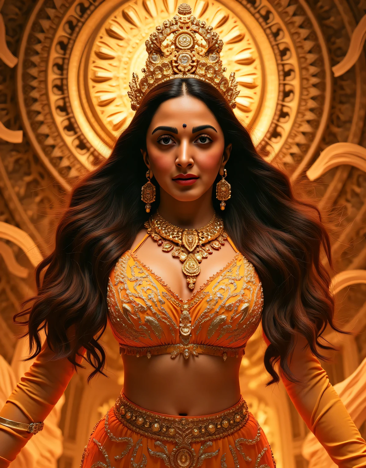 masterpiece, highly detailed, intricate, ornate, divine goddess, Durga mata, beautiful face, elegant posture, flowing hair, golden jewelry, ornate dress, ethereal lighting, warm color palette, rich textures, dramatic shadows, dynamic composition, sacred symbols, mystical atmosphere, photorealistic, 8k, award winning