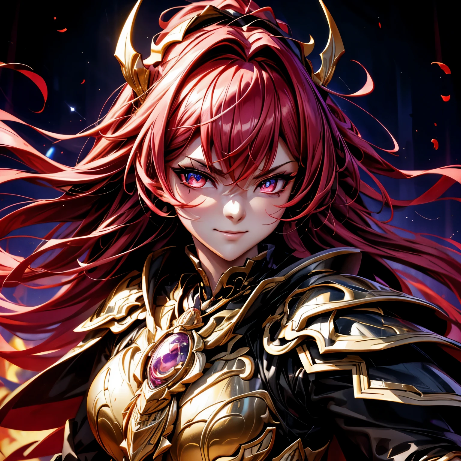 best quality,4K,high resolution),Ultradetailliert,realistisch,portrait, Lila Samurai Sukkubus mit einen katana dunkelrotem Haar, a purple-dark red armor with gold neon lights with gold trim and glowing red eyes, Leuchtende Farben, delicate features, seductive glance, Charming smile, wallende Haare, sanfte Beleuchtung