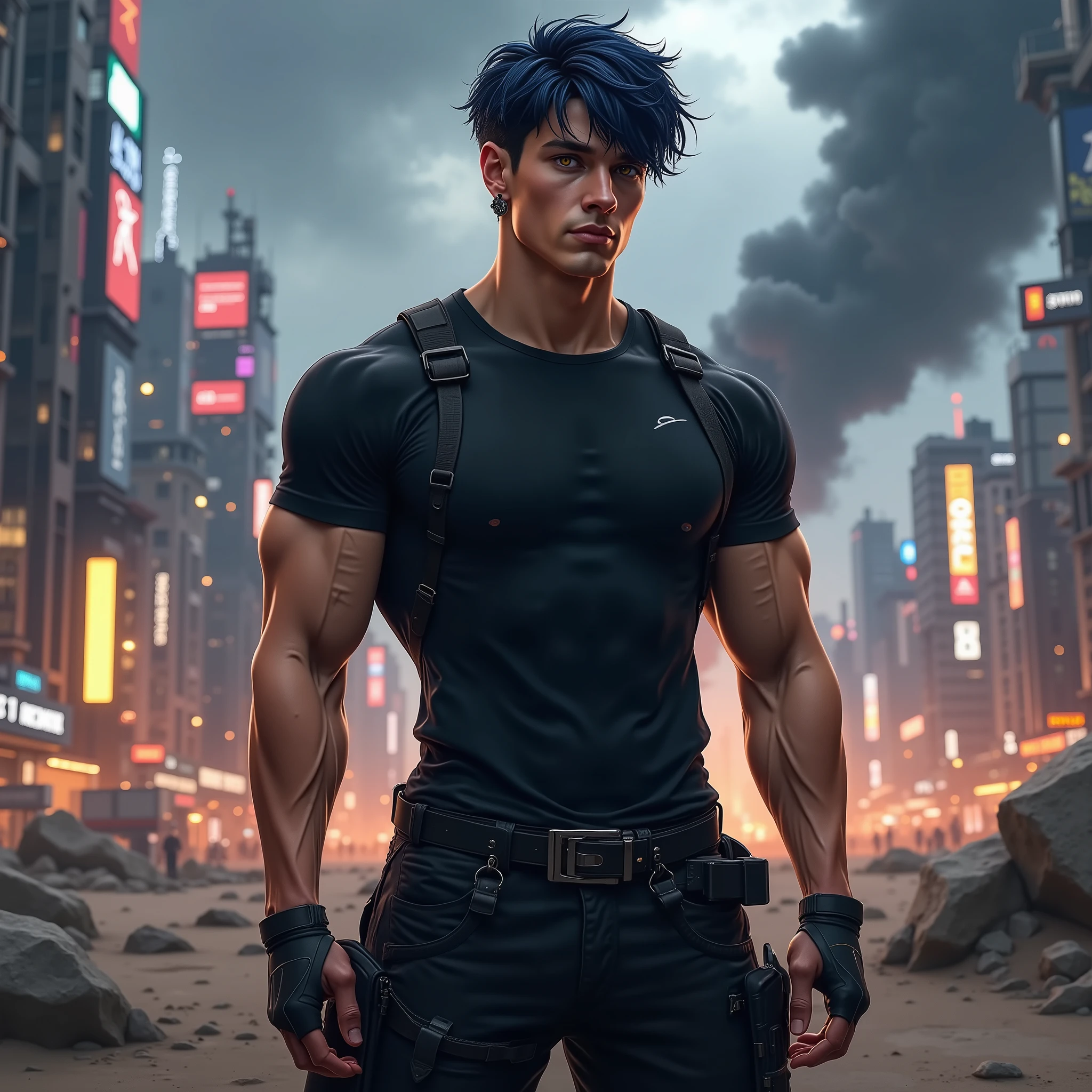 handsome young man, Athletic body bluish black hair, wearing small black round earrings, amber eyes. wearing a tight black future t-shirt. wearing black combat pants. The background is a deserted, brightly lit futuristic cyber City skyline under a dark, stormy sky, with hints of chaos and conflict in the distance