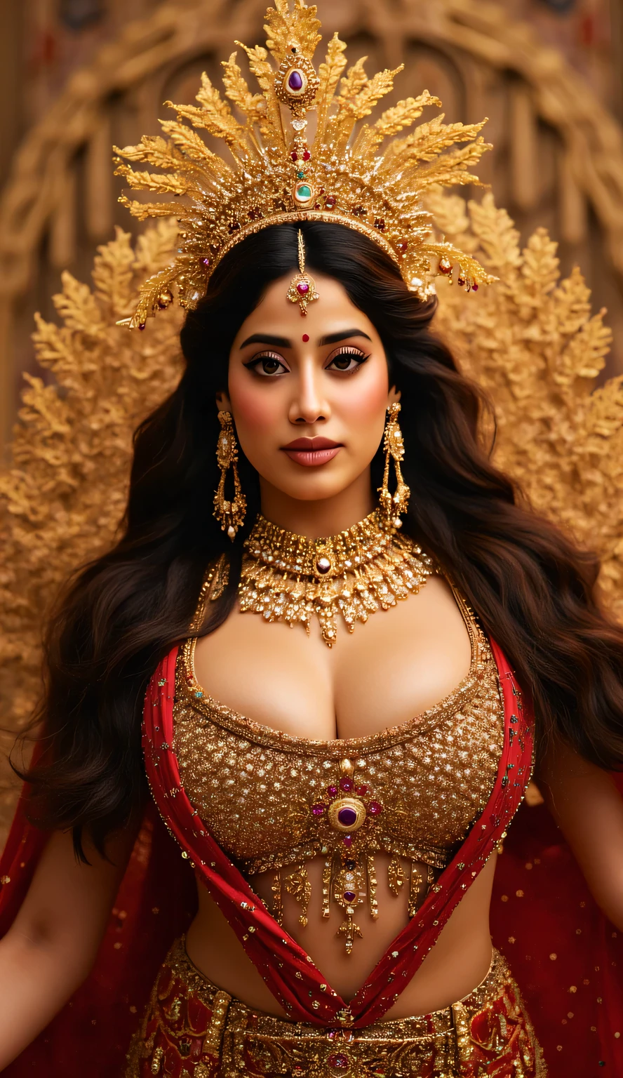 masterpiece, highly detailed, intricate, ornate, divine goddess, Durga mata, beautiful face, elegant posture, flowing hair, golden jewelry, ornate dress, ethereal lighting, warm color palette, rich textures, dramatic shadows, dynamic composition, sacred symbols, mystical atmosphere, photorealistic, 8k, award winning
