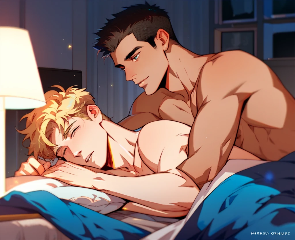 The blonde guy get fucked up by the black hair guy, they're in the bed [semi realism style]