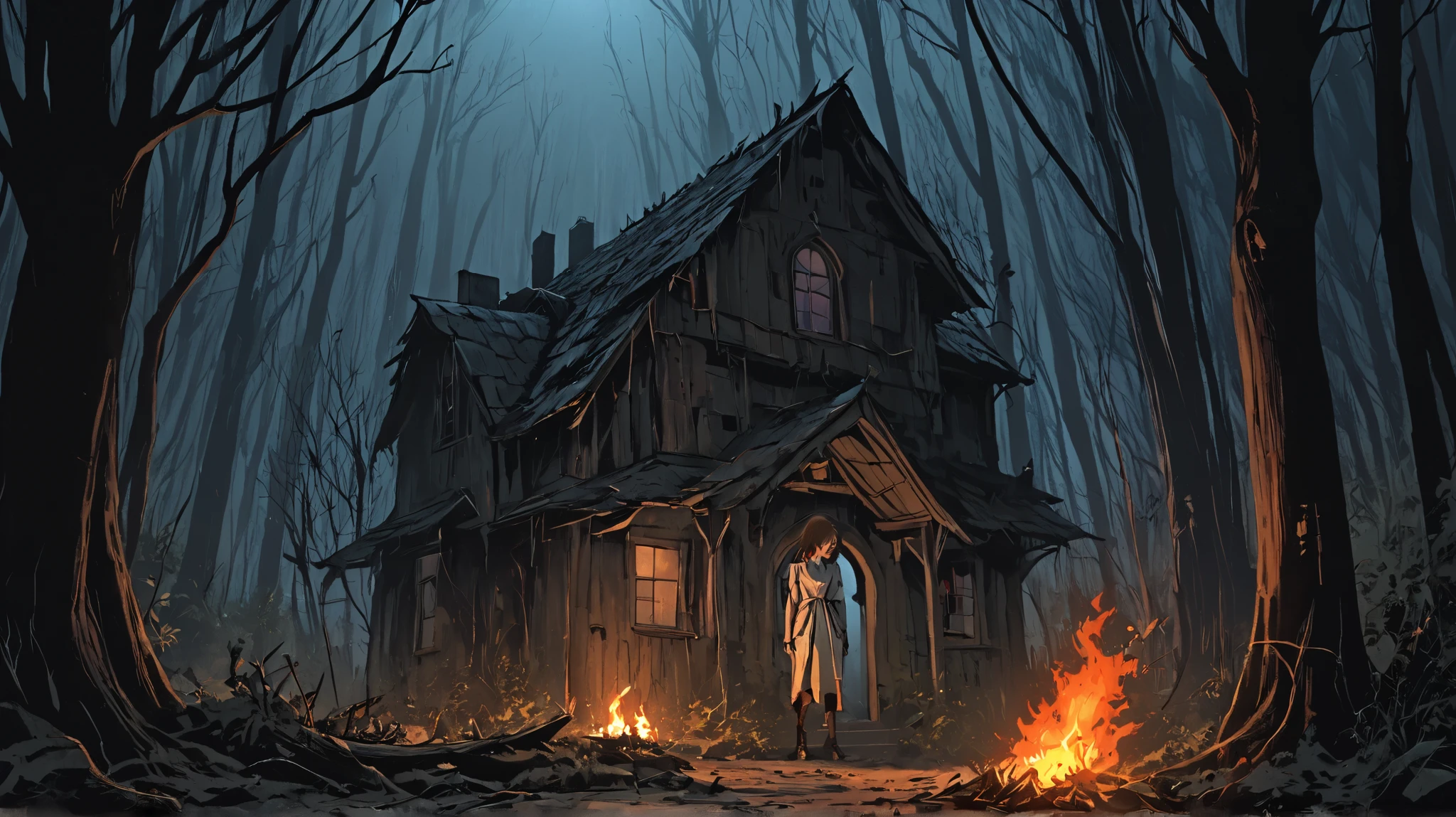 A dilapidated old landlord's house. Behind the landlord's house, a woman with messy, open hair stands, looking terrifying, and she is much larger than the landlord's house. But in front of the landlord's house, there is a saint. The saintly father is doing a meritorious deed by lighting a fire. Create the total image for me. A scene of a terrifying night in the middle of a dense forest.