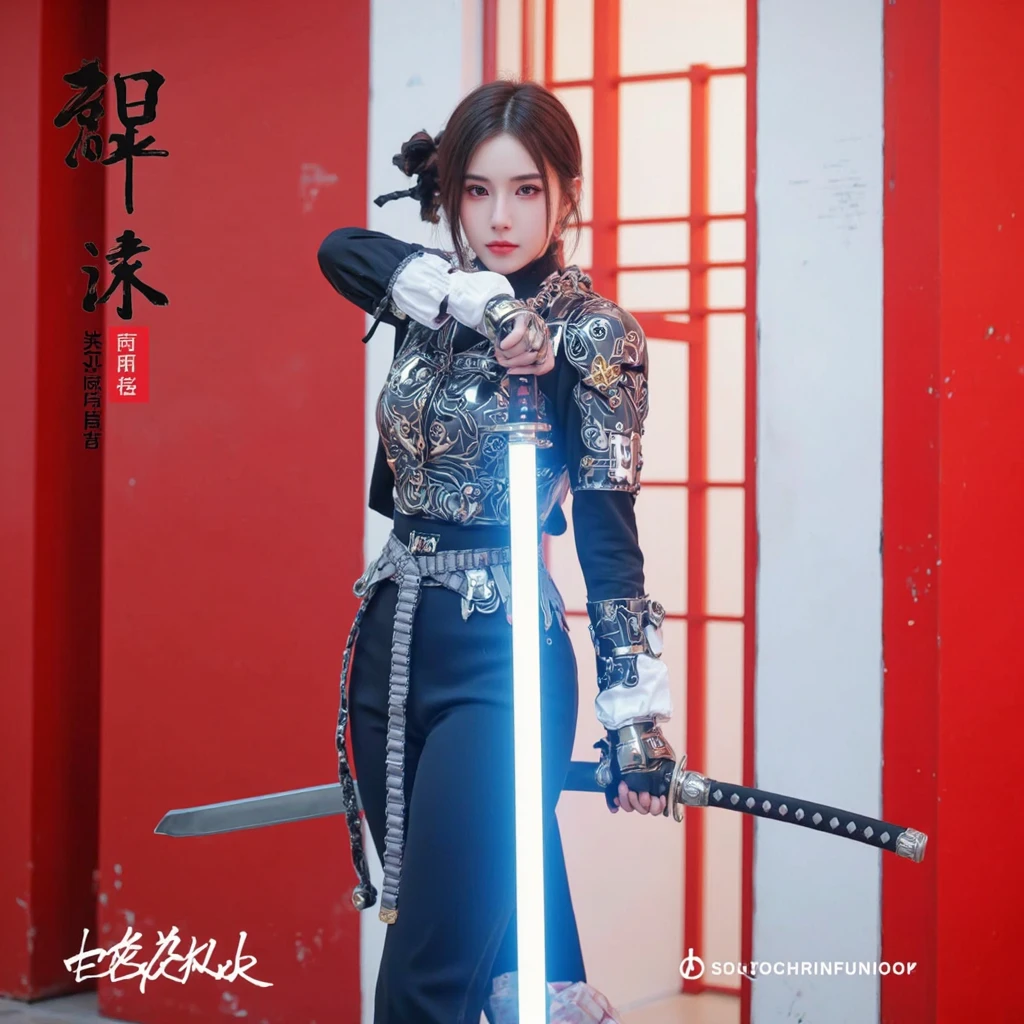One person is wearing a Chinese red tights with the Chinese national emblem printed on the chest, a Chinese red cloak, red long gloves on both hands, red over-the-knee boots on both feet, and a dragon emblem belt tied around the waist. The full body shot of the super heroine Yangtze and Yellow River Star is shown. body standing posture 100%Portrait photo