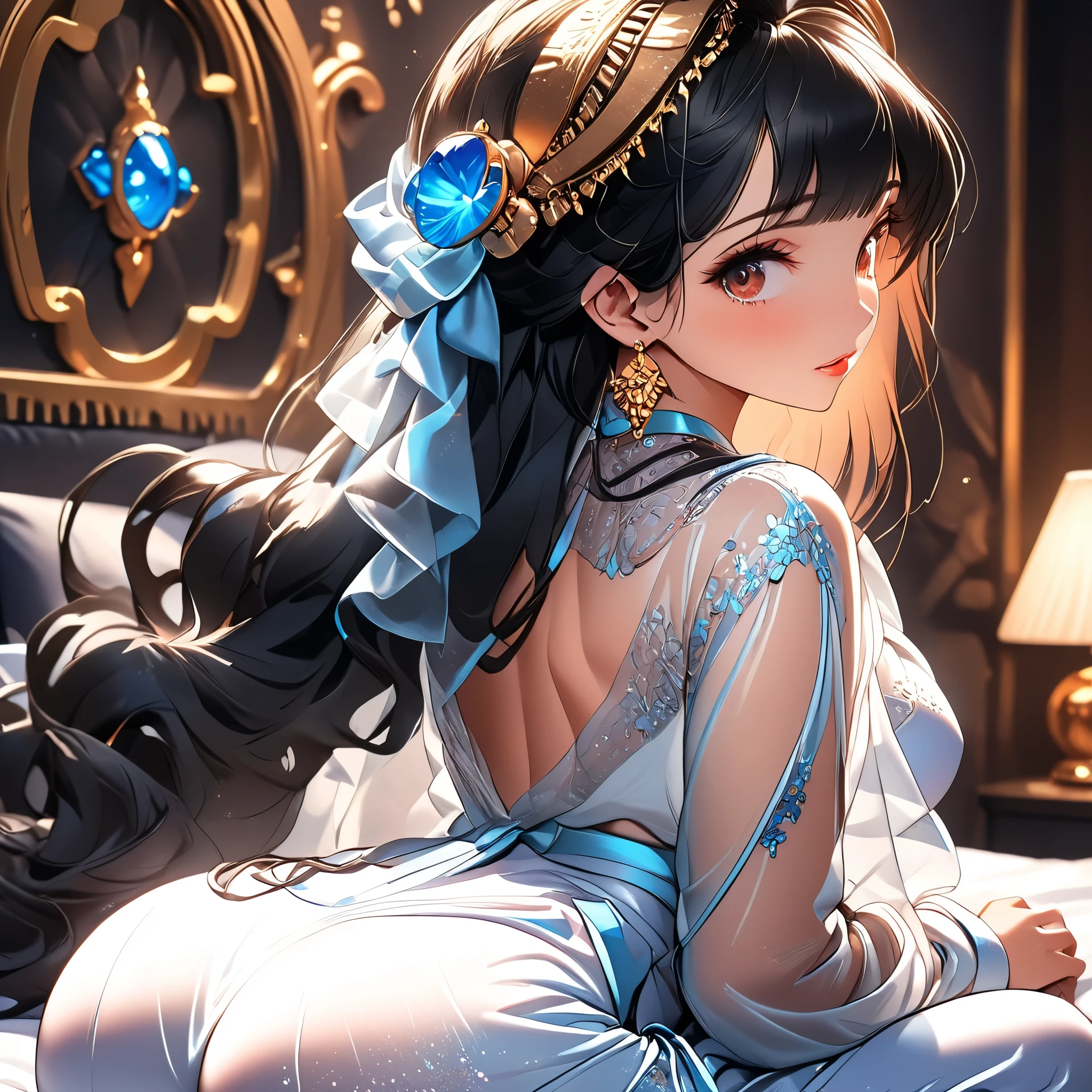 (beautiful girl:1.3),1girl,masterpiece,Highest quality,Ultra-high resolution,rich contrast,super high quality,8k,Highly detailed CG unit wallpaper,texture,Incredibly absurd,Ultra-high resolution,Highest quality anime,professional photograph,an extremely delicate and beautiful,RAW Photos,Depth of Field 1.2,ultra-detailed eyes,Glitter Effect,Beautiful glossy lips, 25years old, gorgeous legs, noise perfect, gorgeous ass, Disney's Jazmin Princess, from behind, background bedroom, ( Looking Back), gorgeous ass, brown eyes, dynamic pose, black hair, long loose hair, skinny jeans, translucent white blouse, long sleeves, low back, no bra, sensual woman, seductive woman, mature woman, Milf, maternal, shy look, full body, She wears on her head a blue ribbon with a blue precious stone surrounded by gold,