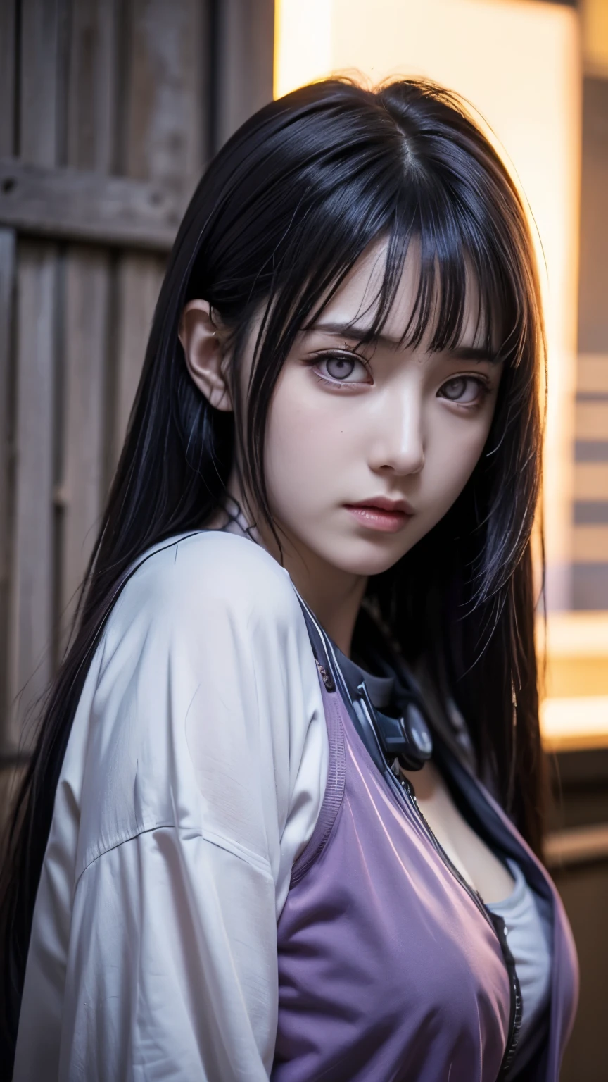 Masterpiece, 1girl, Hinata Hyuuga, Superb Style, cyberpunk style, Streetwear clothes, Outdoor night, bright eyes, Purple Eyes, Purple hair, Straight hair, Long Hair, hitai-ate (amount) Konoha (Konohagakure), Upper body, Breasts, Cool, Realistic