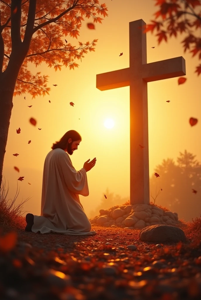 Create a scene of a cross , Leaves that fall at sunset and Jesus praying in front of the cross
