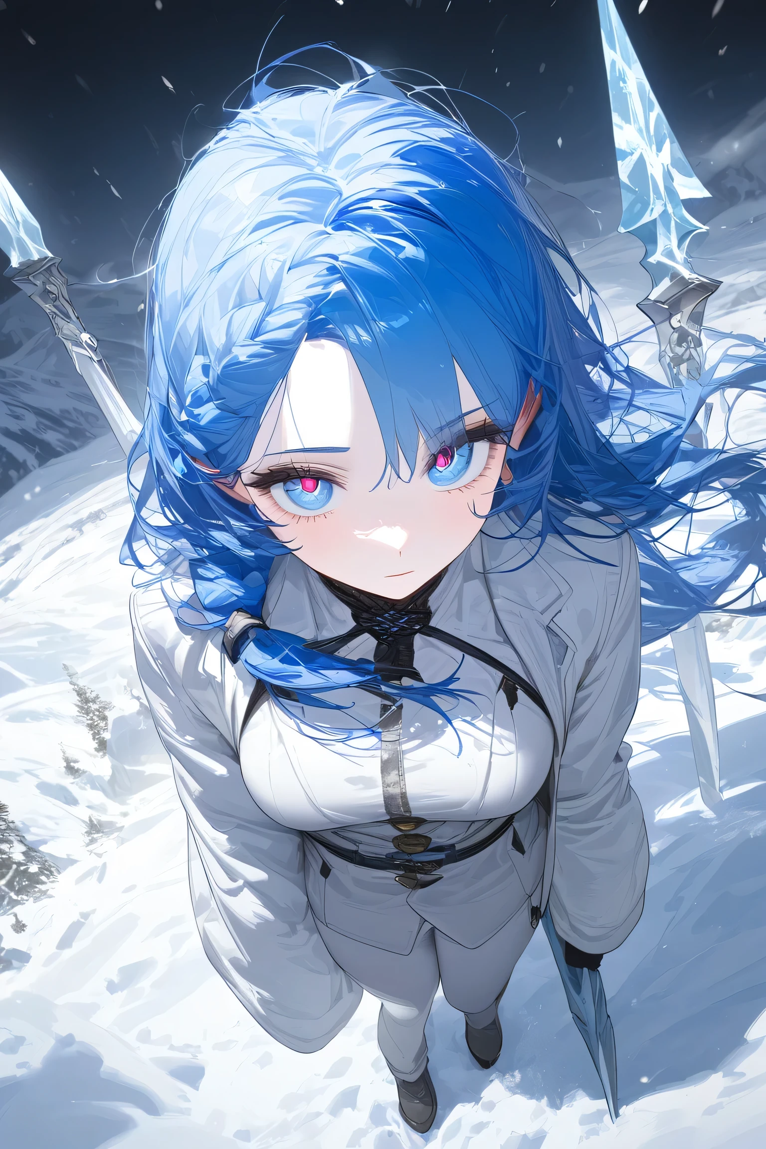 (musterpiece), (best quality), very detailed eyes, expressive eyes, perfect face, very detailed face, highly detailed face, beautiful girl, 8K, delicate and beautiful face and eyes, dark intense shadow, cool, mature, fit, medium breasts, long hair, messy hair, braided bangs, pale skin, expressionless, pale skin, blue hair, blue eyes, white suit,white coat, hand spear, white spear of ice, snow mountain, blizzard, ice, korea, modern, looking at viewer, from above, full body, no heart