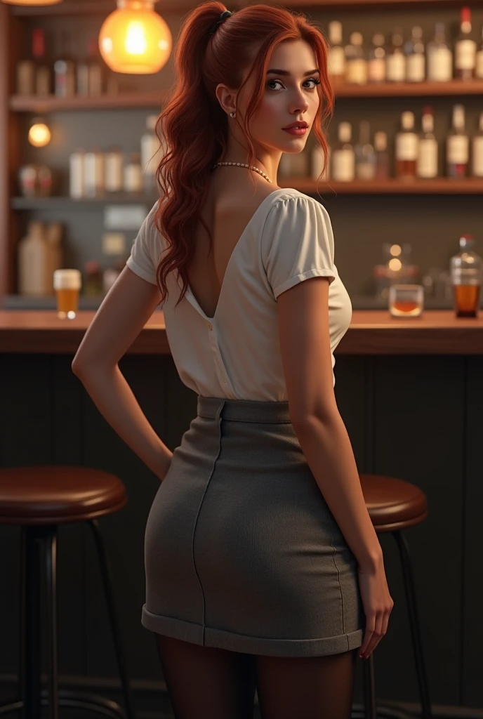 beautiful (EvelynNobodySD15) western RPG character brunette hair upsweep updo button shirt at a cantina sitting bar tequila liquor bottles, Lighting-Gold (dark moody ambience:1.2) (masterpiece:1.2) (photorealistic:1.2) (bokeh) (best quality) (detailed skin:1.2) (intricate details) (Clutter-Home) (8k) (HDR) (cinematic lighting) (sharp focus)