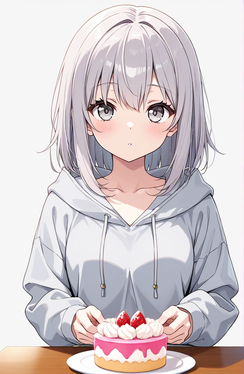 White background、white background、Blank background、Ultra-high resolution, highest quality,Solo,just standing girl, One young girl、Full body view from the front、fish-bone braid hair、Fishbone Hair、grayish white hair、beautiful detailed eyes、Grey hair x pink eyes、pink eyes、Drop your gaze、face down、Depressed expression、Ample breasts、Plain white hoodie、Pink pleated skirt、barefoot