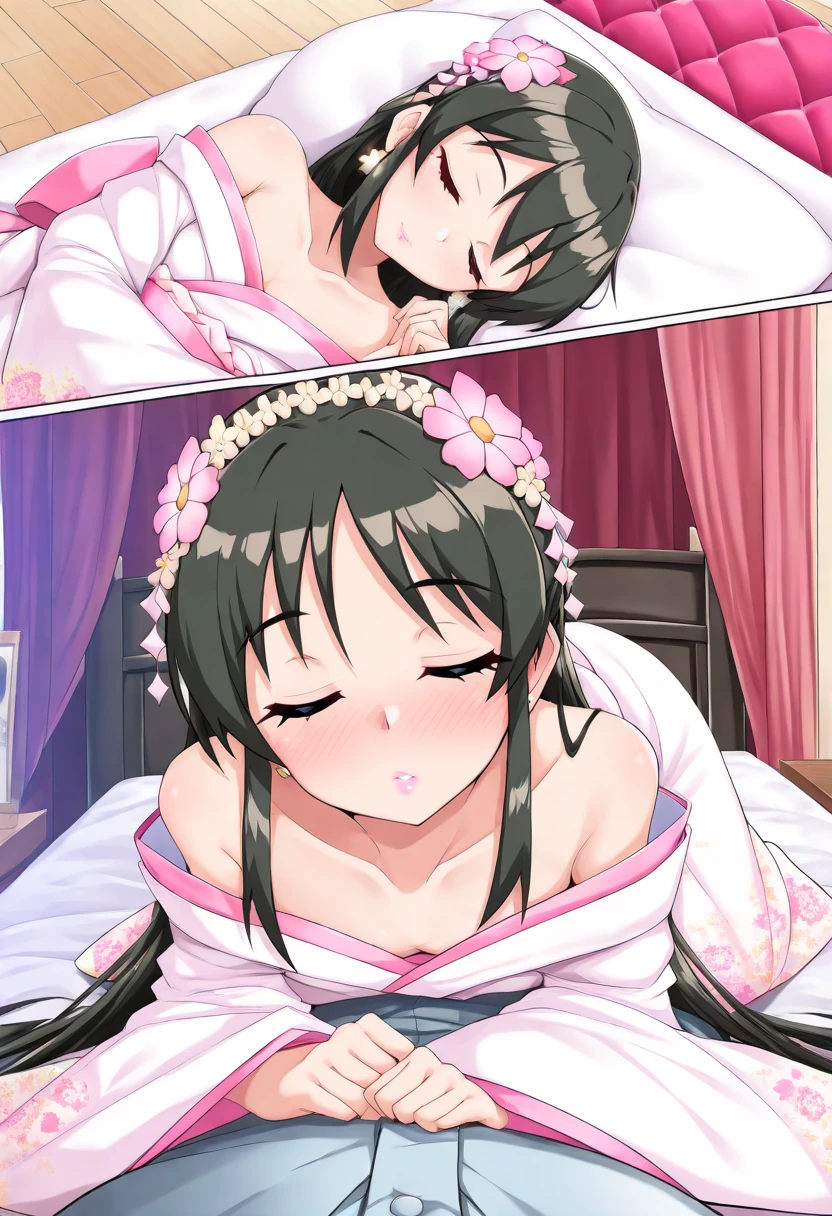 score_9, score_8_up, score_7_up, score_6_up, score_5_up, score_4_up,perfect hands, (1girl,solo),Fushikawa Kokoro, black hair, double bun, blunt bangs, twintails, pink eyes,pink kimono, obi,(flat chest:0.8),(slim legs),curvy,(blush:0.5),(scared:1.1),(disgust:0.8),(crying:1.4),japanese-style room, rating_explicit, uncensored, (looking at the boy),lying,small areola,(trembling:1),(turn pale:0.7),(torn clothes:1.4),(3boy),(gangbang),(penis on pussy), grabing arm,cum on face,cum on cloth,cum on hair,cum on body,one eye half closed,(teeth:0.5)