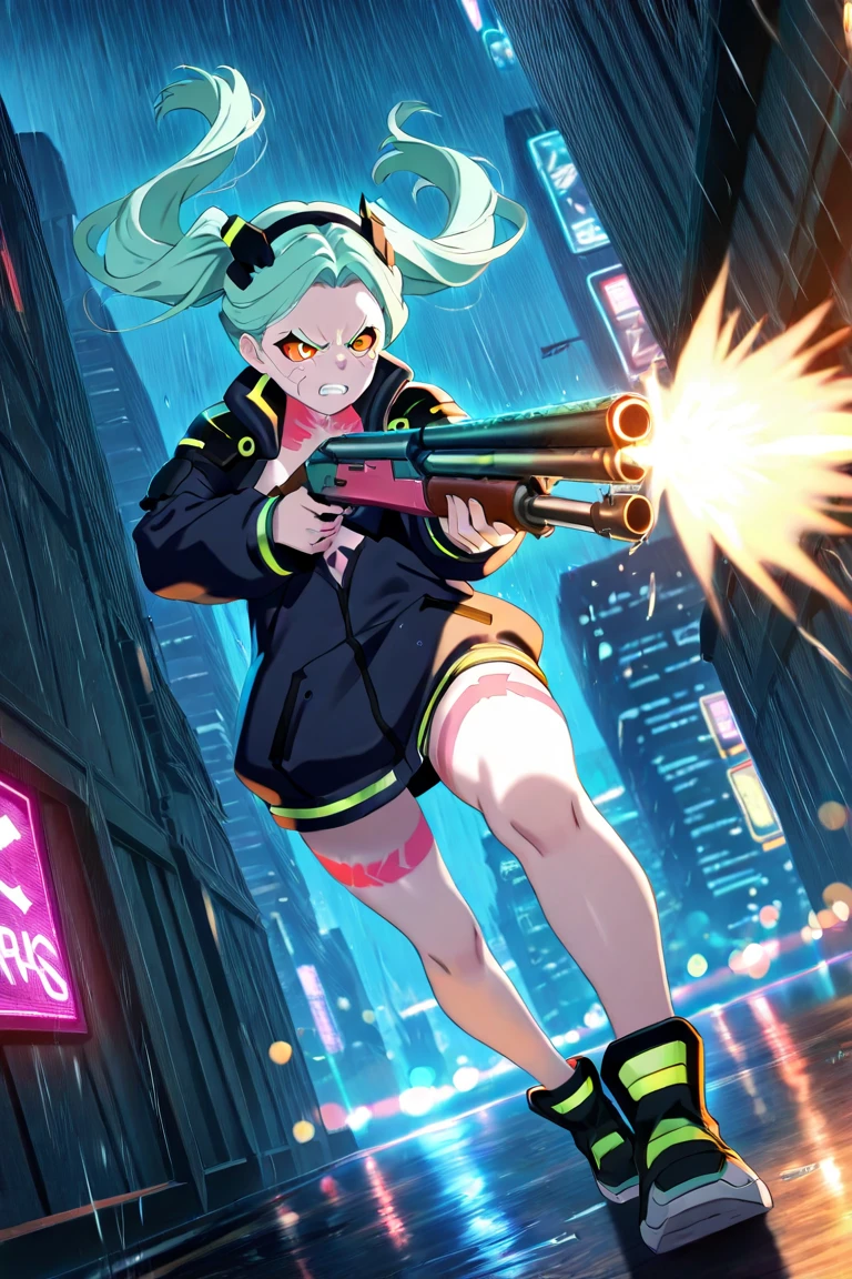 (1girl, Rebecca, cyberpunk_edgerunners), pointing gun at viewer, masterpiece, best quality, good quality, very aesthetic, absurdres, newest, 8K, depth of field, focused subject, Wabi-sabi, action pose, action shot, action camera effects, intricate detailed, epic quality, DOF