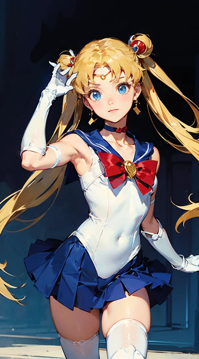 masterpiece, The best quality, 1girl,Tsukino Usagi,Gray background, gloves, breasts, blush, TURN ON, shiny skin, lips, Bedroom, showing armpits and pussy half naked, blue mini skirt, smiling