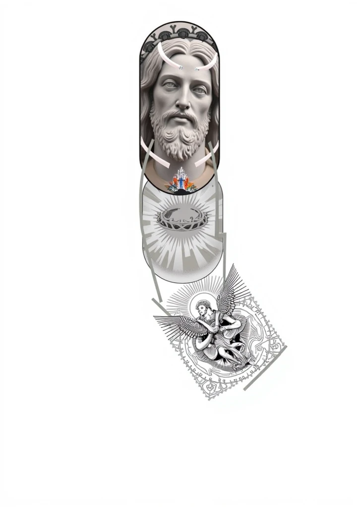 Make a tattoo on your hand with the god atlas holding Pascal's snail behind him from mathematical geometry and let there be a forget-me-not flower next to him ,to be a black and white model and a little gothic