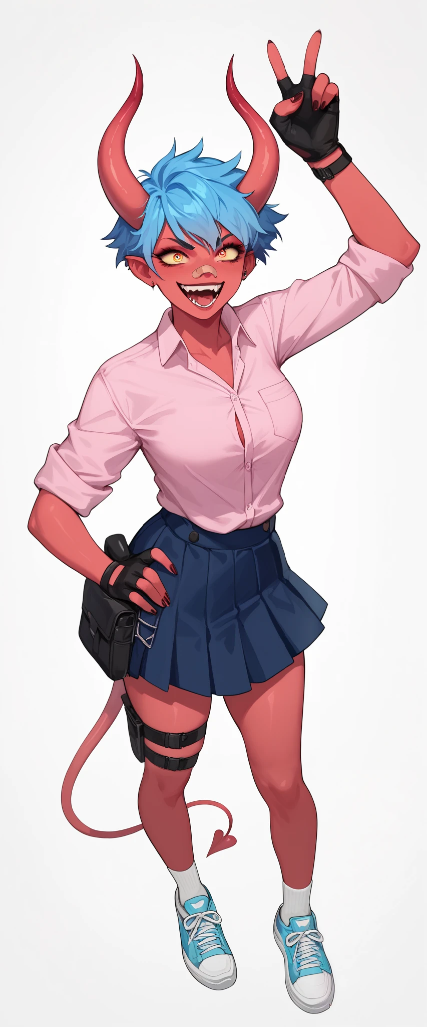 Girl, 1 red skin, full body, school, blue short hair, Band-Aid on nose, thicc, body, nsfw, day time, small demon horns, hands, all fingers, sexy, thicc, pink dress shirt, demon eyes, shoulder holsters, pink fingerless gloves, final skirt dark blue, pink shirt, crazy look, 