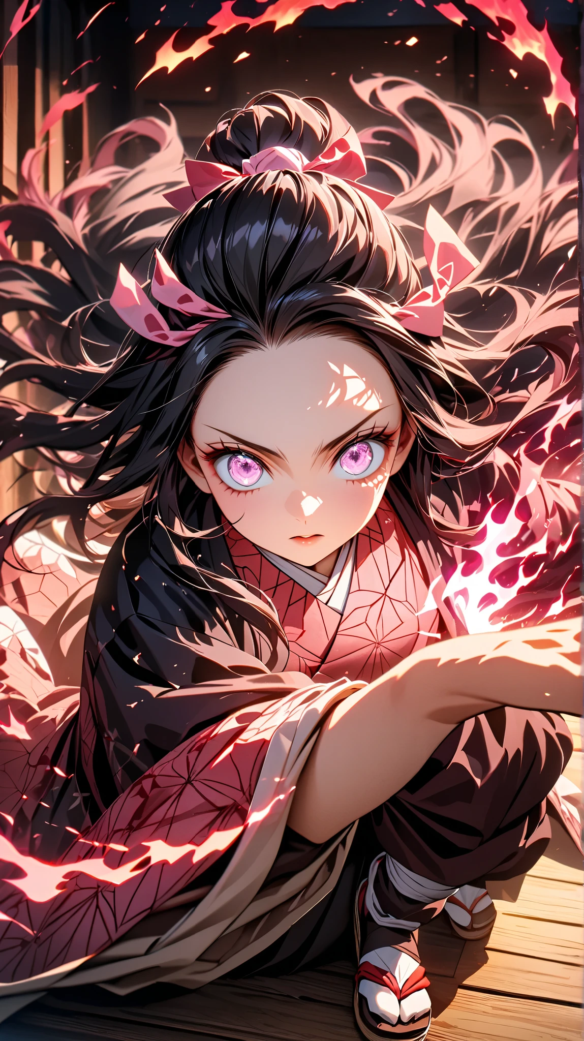 symmetrical,absurd, highres, ultra detailed , HDR, masterpiece , extremely detailed face and purple eyes, Nezuko Kamado, Kimetsu no Yaiba, Alone, woman, handsome , epic battle scene , glowing glitter , , Flame effect , flame aura effect , artfully detailed, upper body , 1Girl, Hitonetsuko, pink Kimono, Haori, sandals , checkered ribbon , hair bow, Pink eyes, bonsai, wooden floor, look at the viewer ,