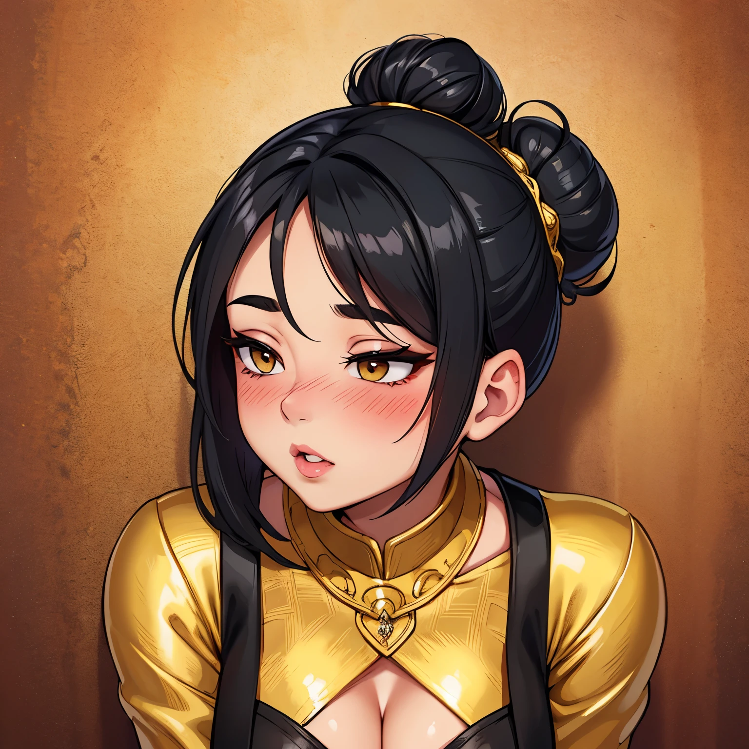Sexy woman, black hair tied in a bun, smokey eyes, eyeliner, blushing intensely, fairest skin, plump face, soft lips, gold blouse, white saree with gold borders, pinned against a wall