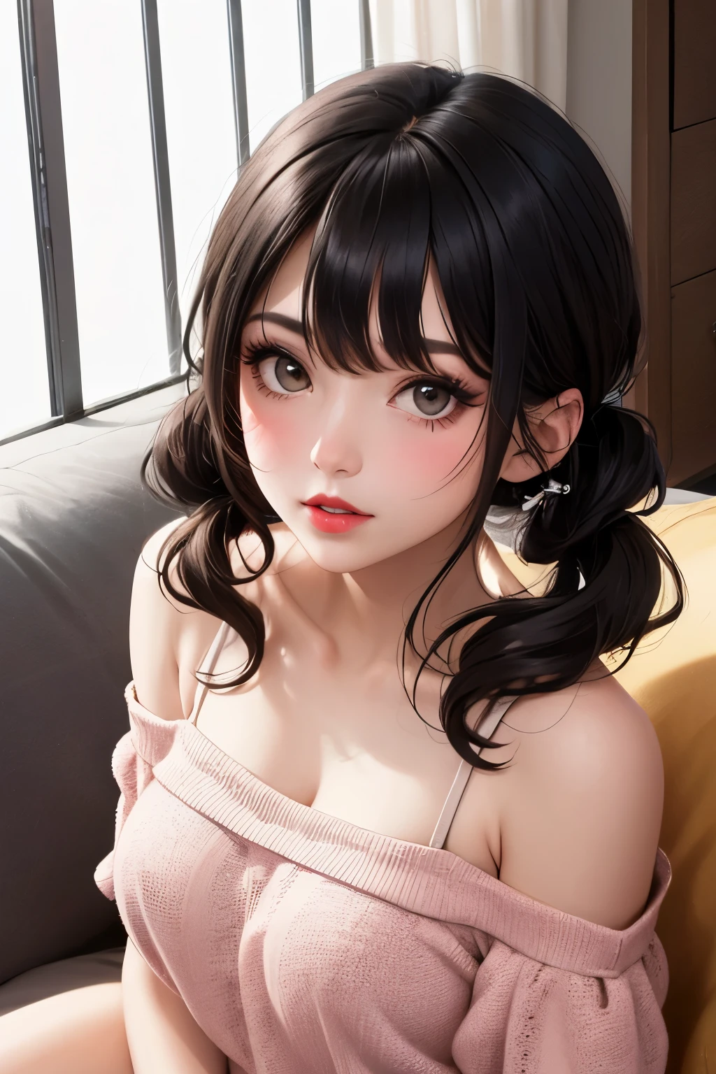 Amazing portrait of a cute woman with black hair in twintails with bangs and fair skin having a beautiful face with amazing makeup with smokey eyes in a naughty gaze with black mascara and red lips with her cheeks blushing red with a deep blush wearing a loose flowy pink t shirt that is pulled off her shoulder showcasing her bare shoulder and a yellow short shorts showcasing her thunder thighs lying down on the couch with her head resting on a cushion looking up with warm light amazingly accentuating her beautiful features