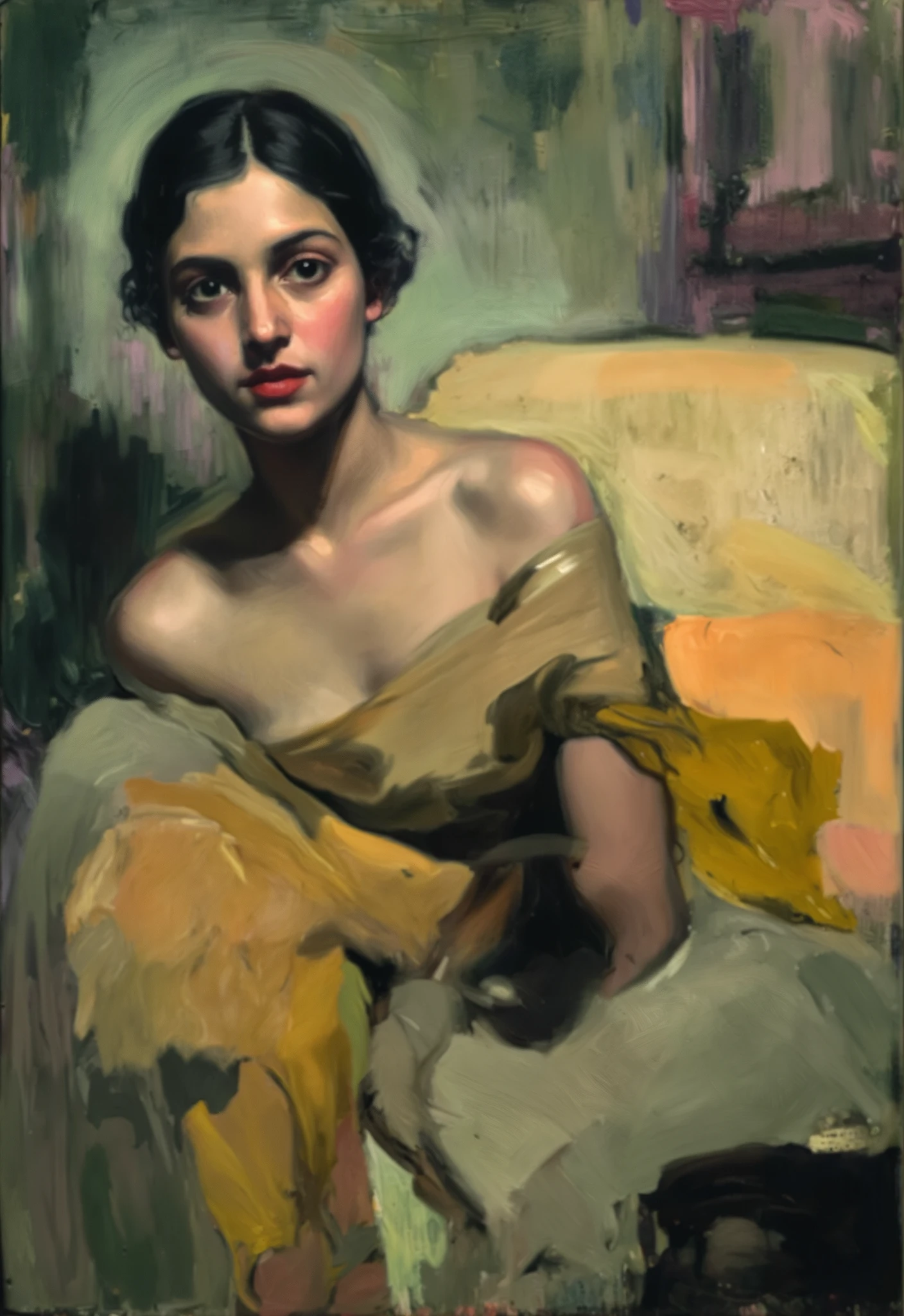 Create a portrait of a young woman in a semi-reclining pose with a pensive expression. Use a painterly style inspired by Malcolm Liepke, characterized by expressive brushstrokes and rich texture. Employ a color palette of muted greens, soft pinks, deep purples, and subtle flesh tones to evoke a sense of depth and emotion. The background should consist of abstract, textured layers in complementary colors, blending seamlessly with the figure. Pay attention to the contrast between the smooth, detailed rendering of the face and the rough, textured application of paint in the surrounding areas. Capture the delicate balance of vulnerability and strength in the subject's gaze and posture