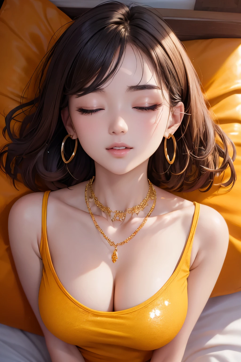 Amazing portrait of the upper body of a young woman who is 20 years old with a beautiful and highly detailed face and skin texture with fine brown eyes with double eyelid and thin eyebrows and glitter eyeliner with natural cheeks and shiny skin wearing an loose orange t shirt and yellow short shorts paired with a sparkly necklace and earrings with glossy lips parted in an enchanting smile with black short bob hair with focus on her chest and face with this upper body shot and her t shirt showcasing her bare shoulders and small breasts lying down on bed