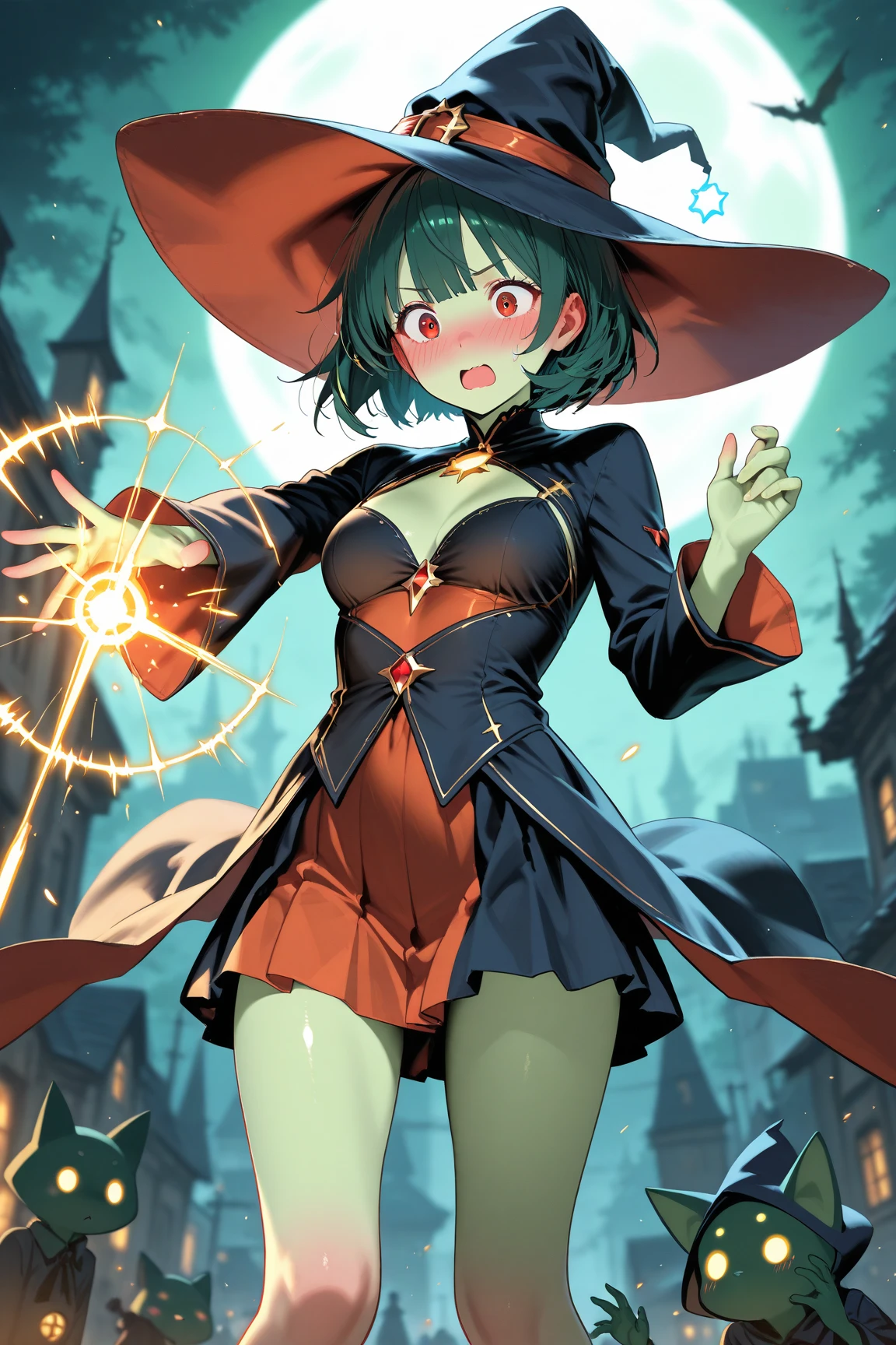 (solo), 1 skinny girl standing, Dragon Quest III Magus, tiptoe, (swaying back), arms down backward, (dynamic pose), (open legs wide:1.2), BREAK, middle short hair, BREAK, (bursting disproportionately huge breasts:1.3), BREAK, narrow shoulders, very skinny inconceivably narrow waist, very long skinny legs, BREAK, large wizard hat, (green too short dress), (too short skirt), (show off thigh gap), thighhighs, arm covers, tie cinches waist too tight, BREAK, nsfw, looking at viewer, slipping vagina, orgasm, (blood dripping between thighs from vagina)