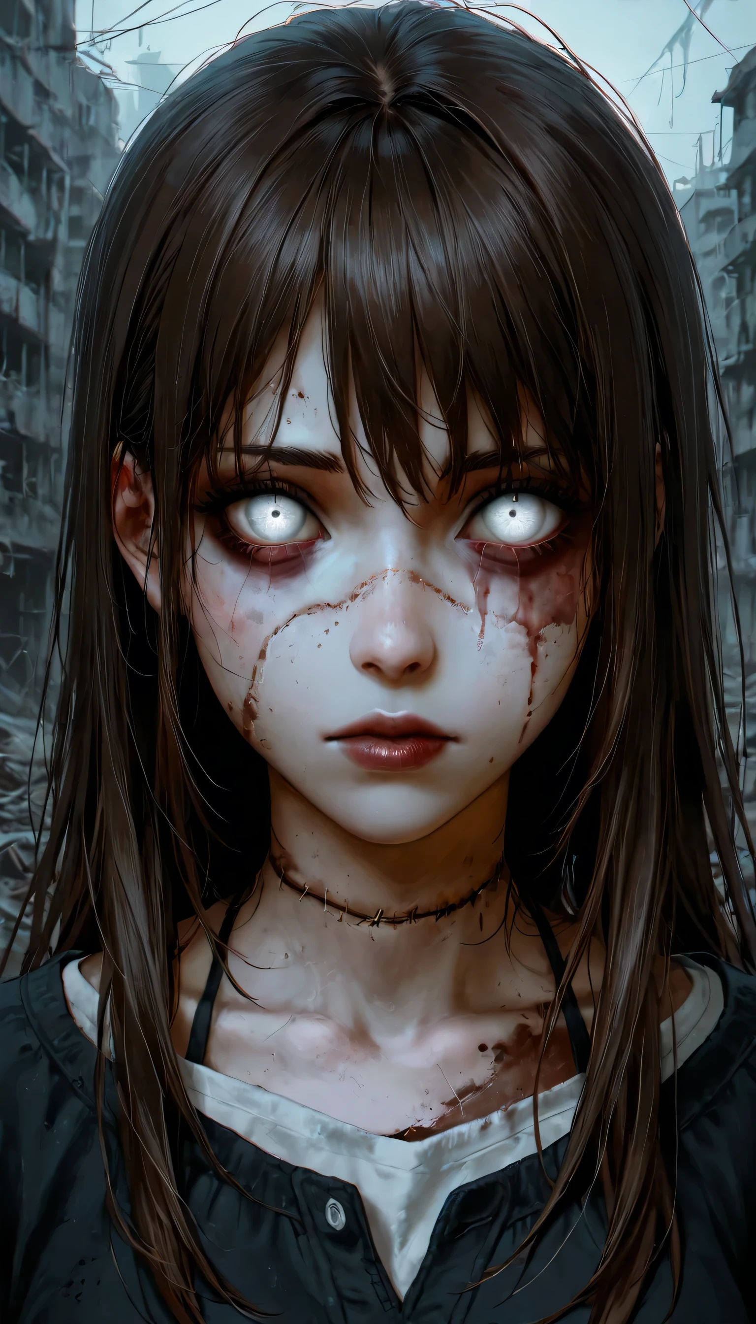 Boy with long messy hair and a shadowed face, only a red eye and his teeth visible on his shadowed face, hyper-realistic, artistic, all black and white
