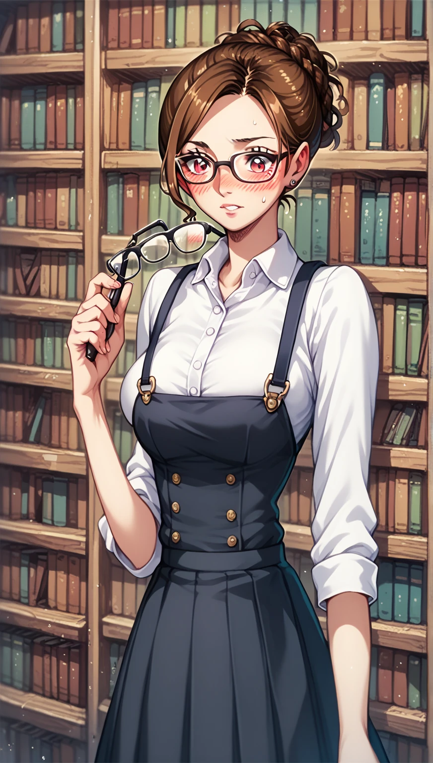 Anime girl, glasses, nerd , , brown hair , red eyes ,early 20s , bookworm,in library, blushing