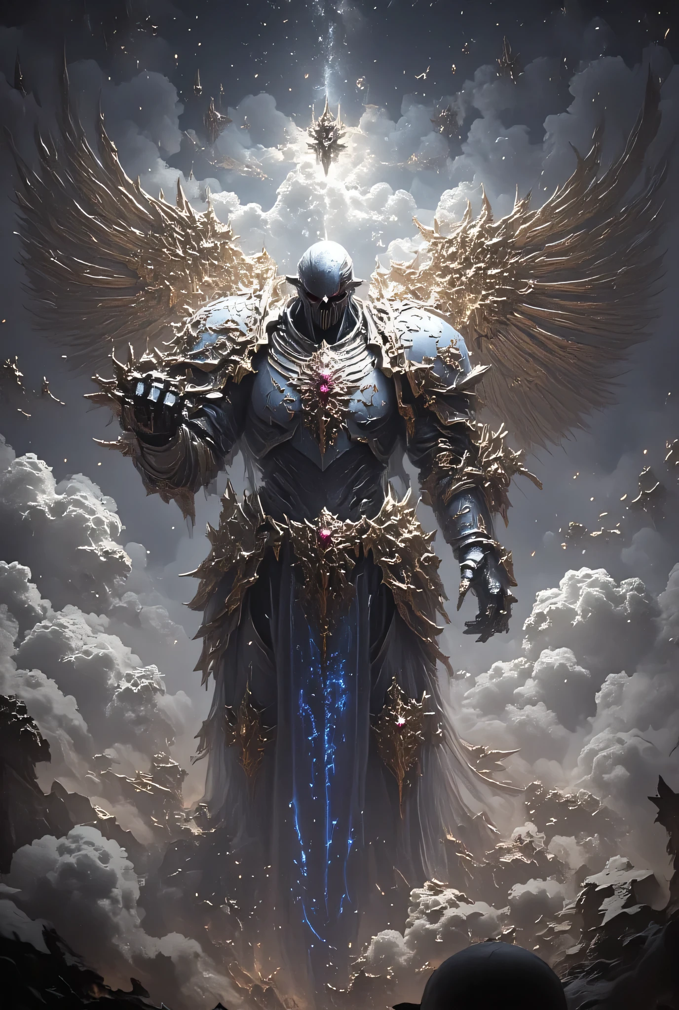 Mix between angel and Knight Templar , with angel wings , sword with a bright blue edge