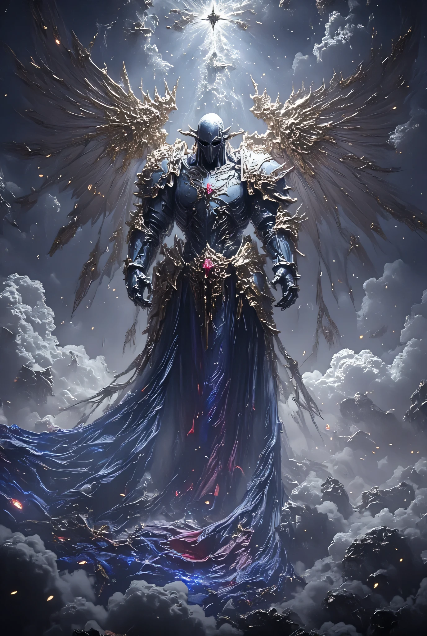 Mix between angel and Knight Templar , with angel wings , sword with a bright blue edge