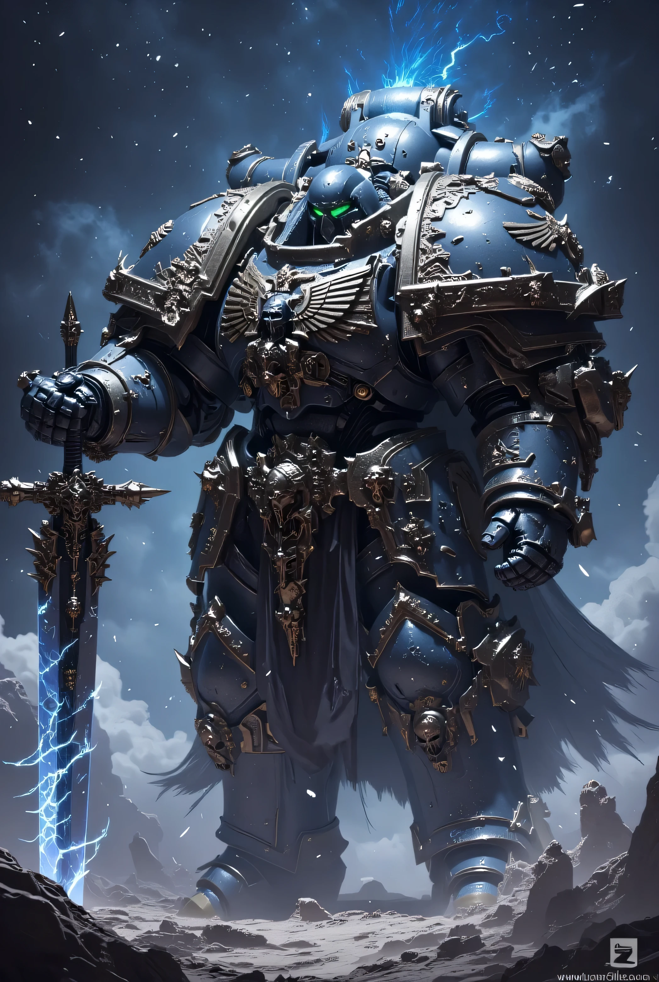 Mix between Space Marine and Knight Templar , sword with a bright blue edge