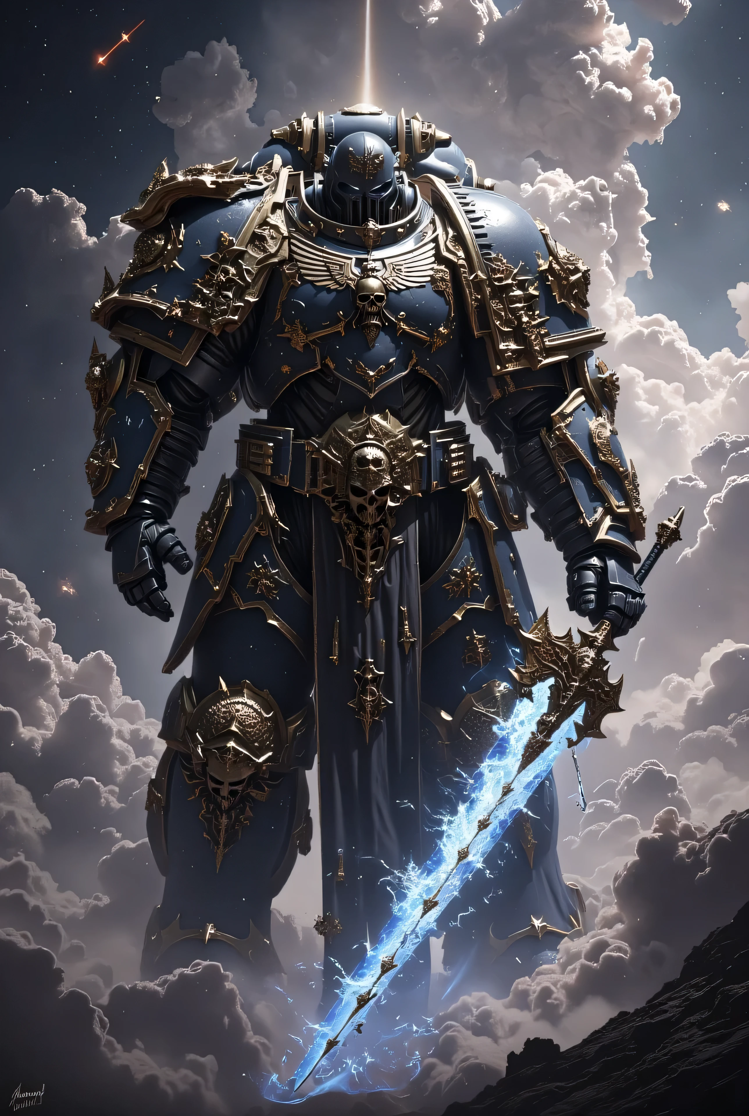 Mix between Space Marine and Knight Templar , sword with a bright blue edge