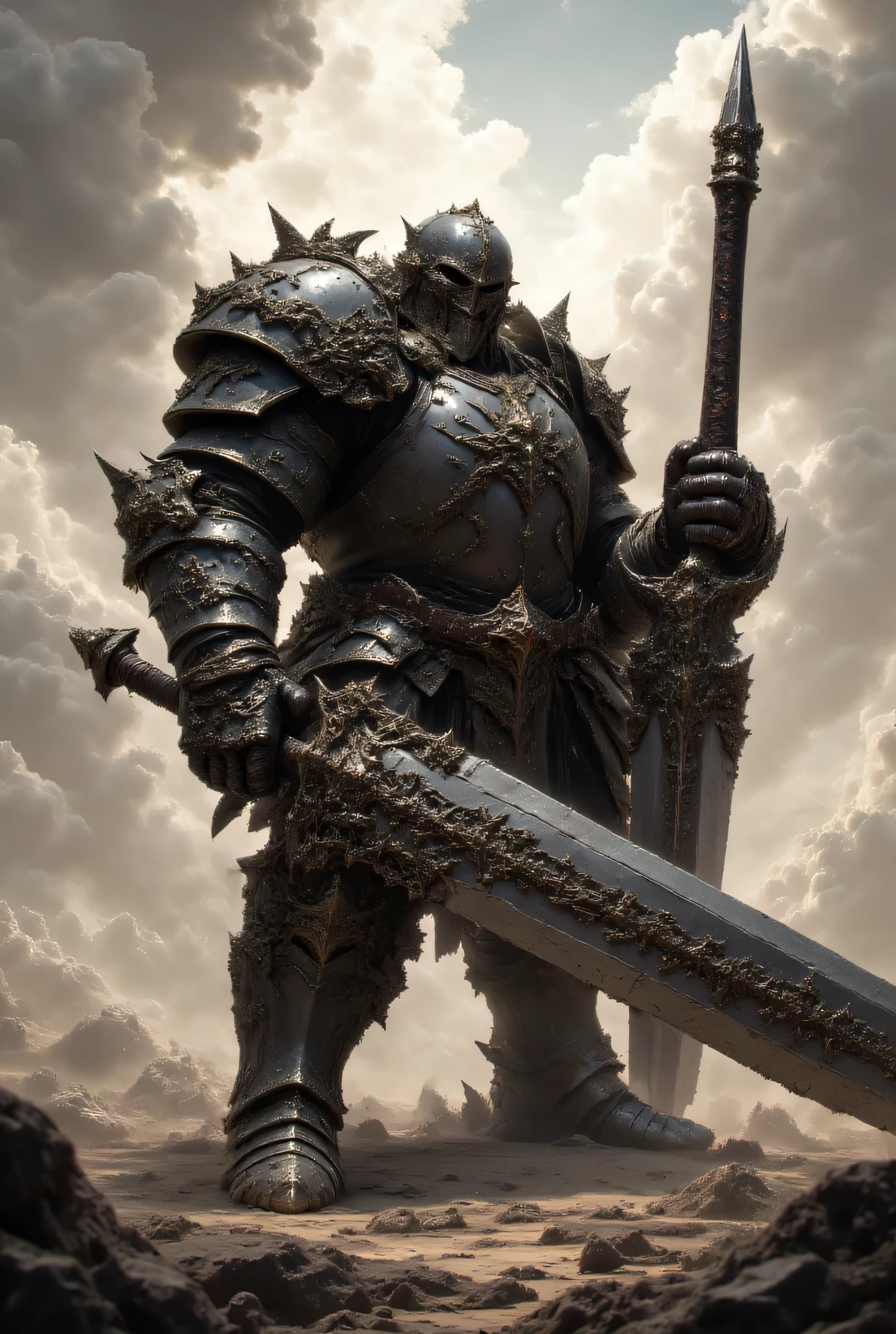 Berserker with heavy armor , big sword , Grabbed with both hands , with both hands while you nail it to the ground