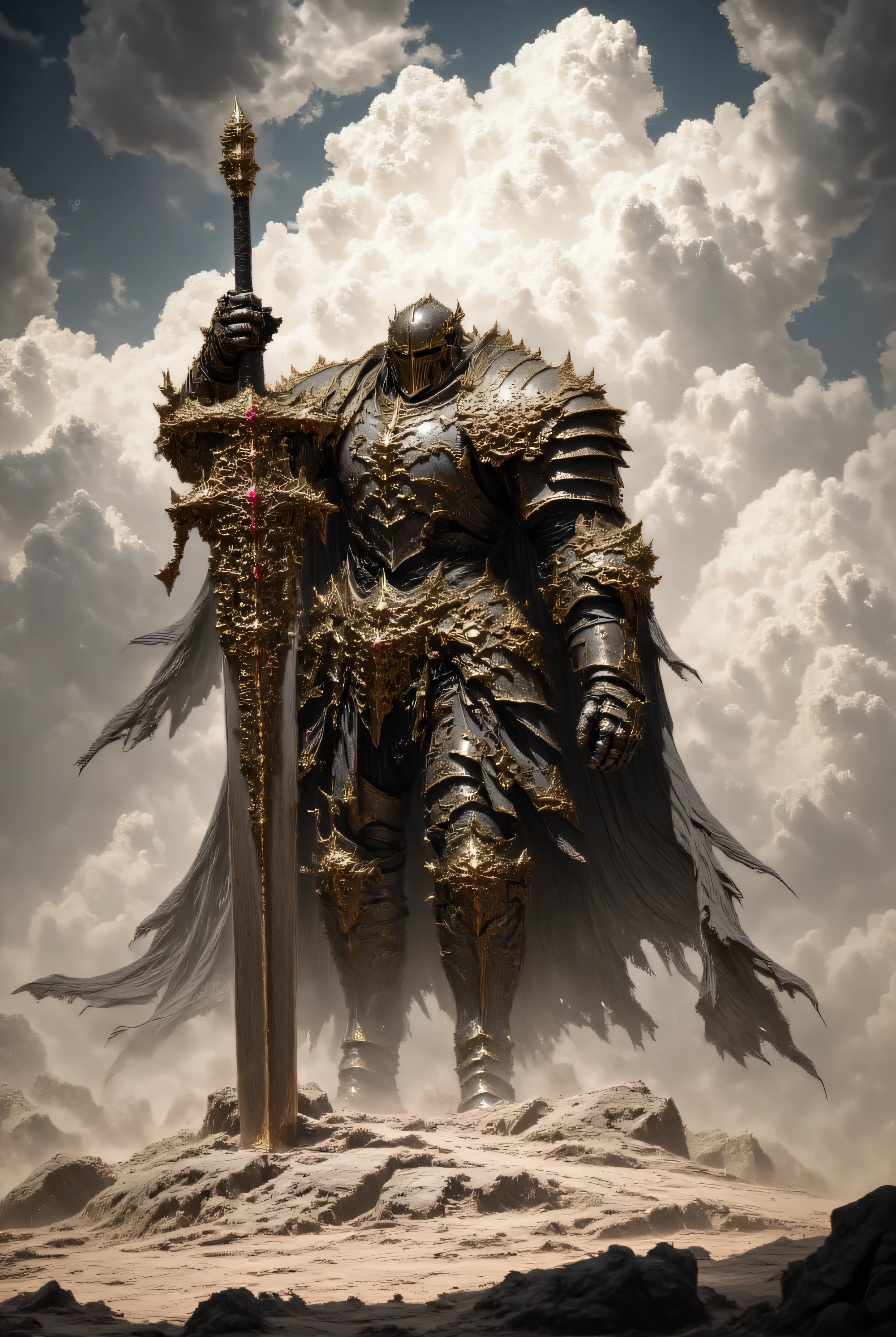 Templario with heavy armor , big sword , Grabbed with both hands , with both hands while you nail it to the ground