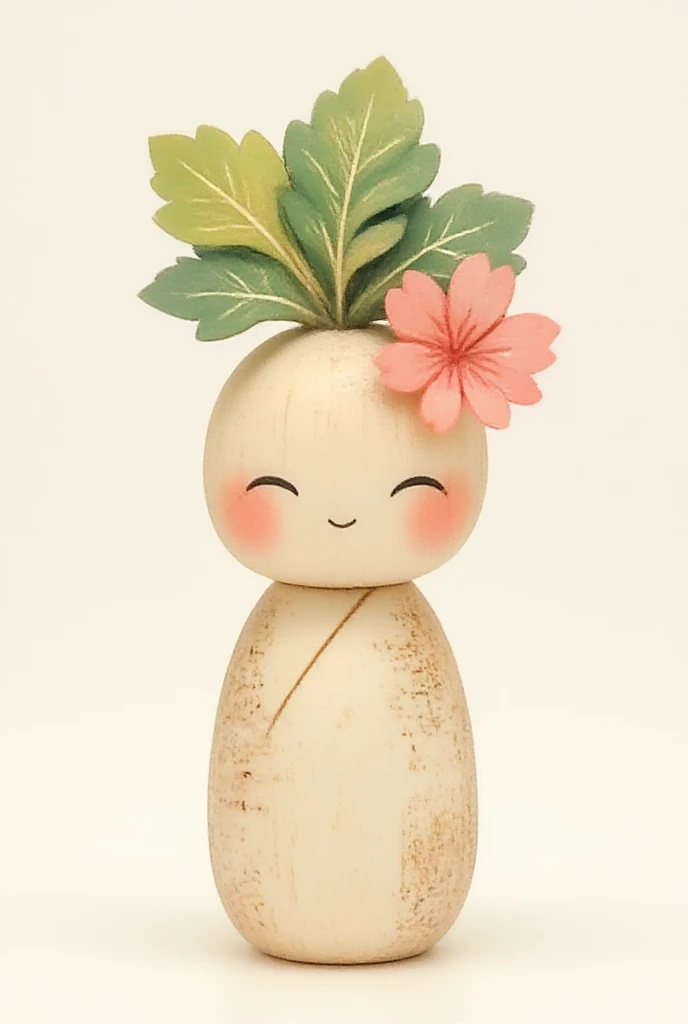 (masterpiece、 best quality :1.2),Alone,a Japanese white radish-kokeshi character,it has leaves and flower on its head,that character is so cute,