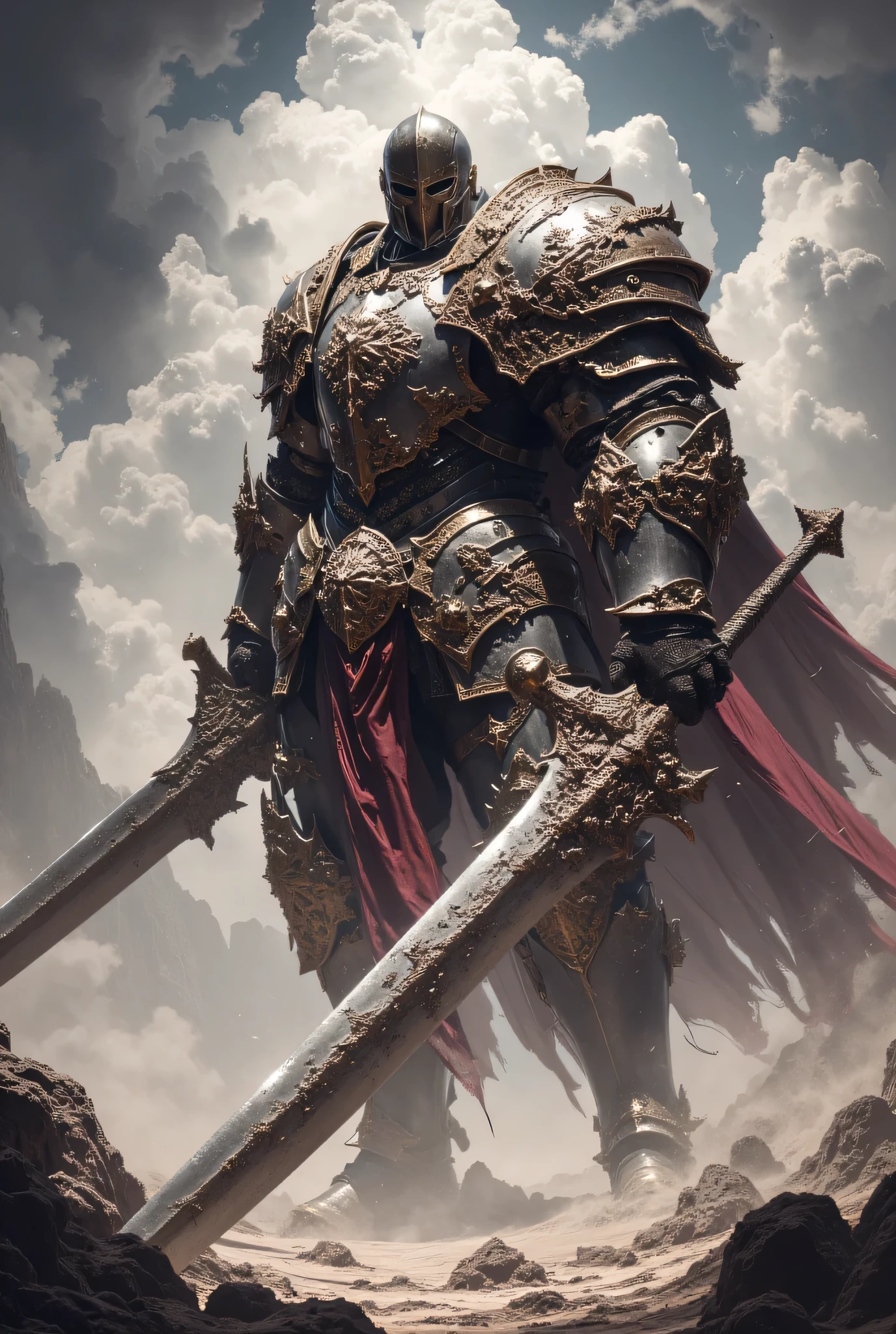 Templario with heavy armor , big sword , Grabbed with both hands , with both hands while you nail it to the ground