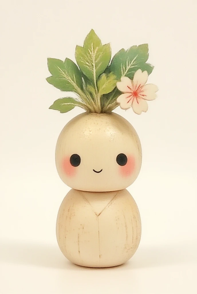 （masterpiece、 best quality :1.2),Alone,a Japanese white radish-kokeshi character,it has leaves and flower on its head,that character is so cute, 